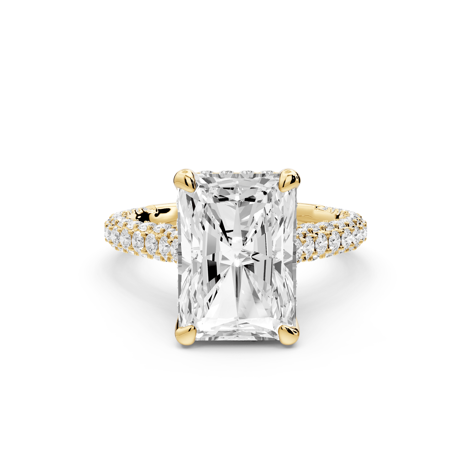 Bianca - 4ct 14k yellow gold radiant Diamond hidden halo with a diamond crown and bridge rollover pave cathedral engagement ring - Mr. Alex Jewelry