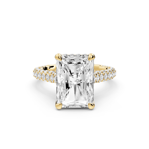Bianca - 4ct 14k yellow gold radiant Diamond hidden halo with a diamond crown and bridge rollover pave cathedral engagement ring - Mr. Alex Jewelry