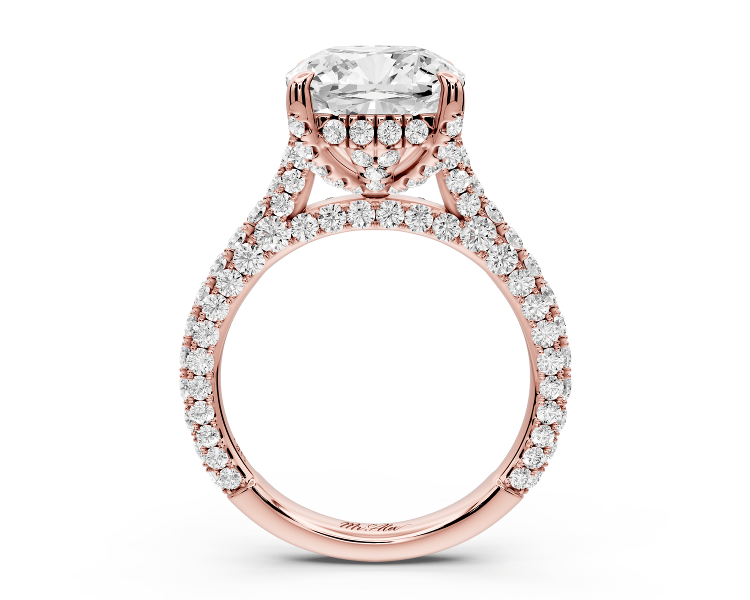 Bianca - 4ct 18k rose gold cushion Diamond hidden halo with a diamond crown and bridge rollover pave cathedral engagement ring - Mr. Alex Jewelry