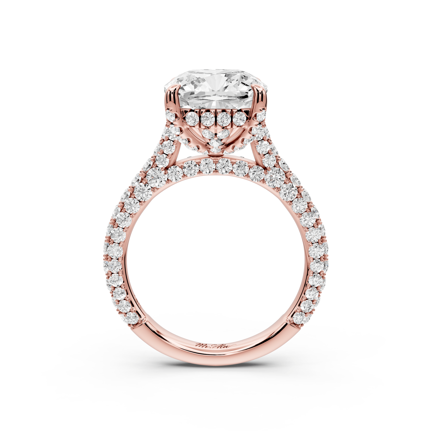 Bianca - 4ct 18k rose gold cushion Diamond hidden halo with a diamond crown and bridge rollover pave cathedral engagement ring - Mr. Alex Jewelry