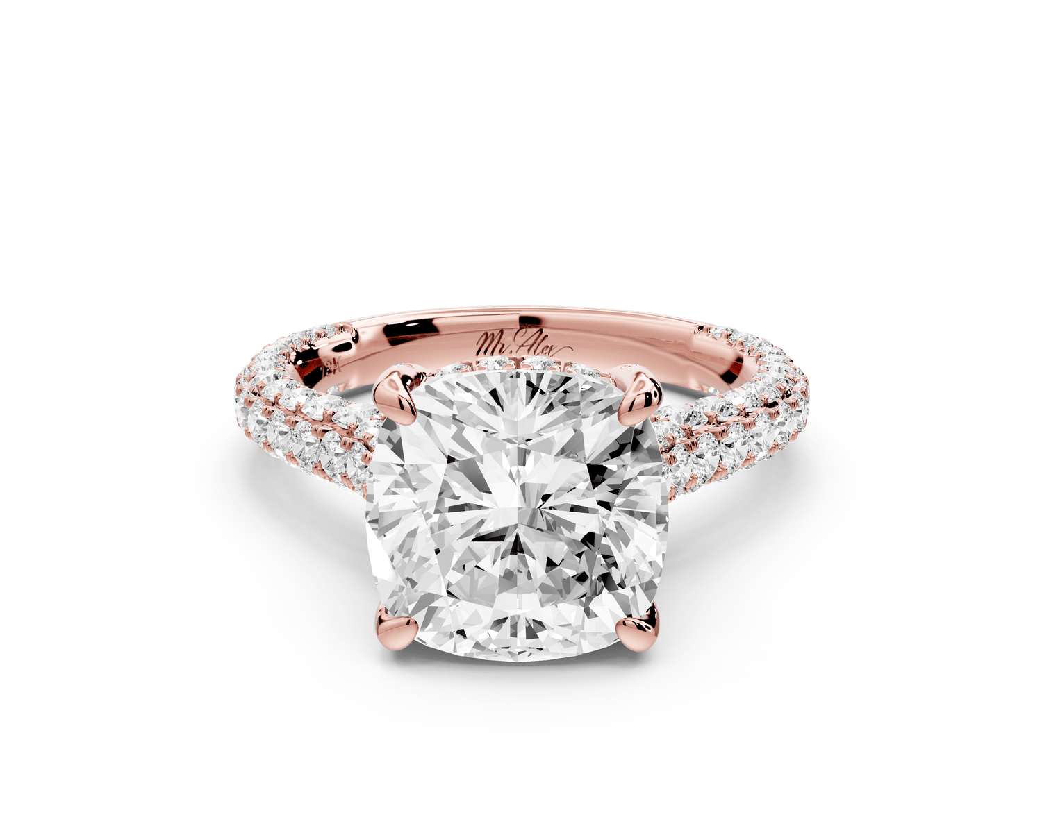 Bianca - 4ct 18k rose gold cushion Diamond hidden halo with a diamond crown and bridge rollover pave cathedral engagement ring - Mr. Alex Jewelry