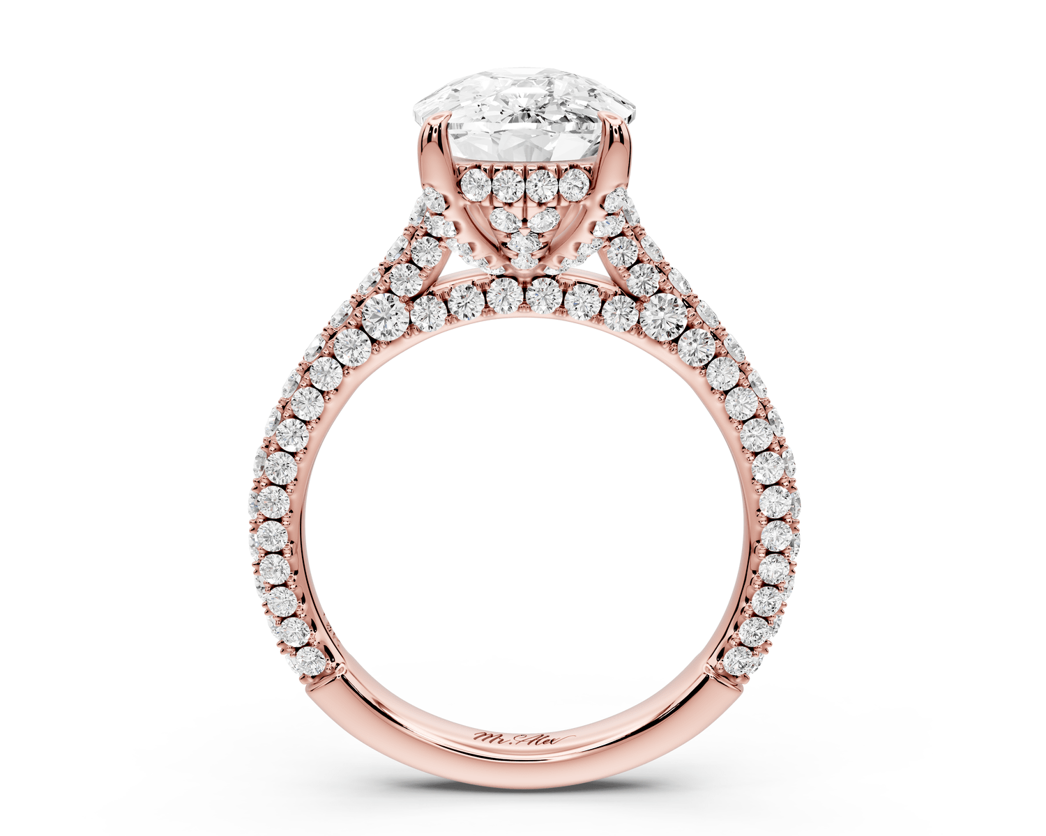 Bianca - 4ct 18k rose gold ecushion Diamond hidden halo with a diamond crown and bridge rollover pave cathedral engagement ring - Mr. Alex Jewelry