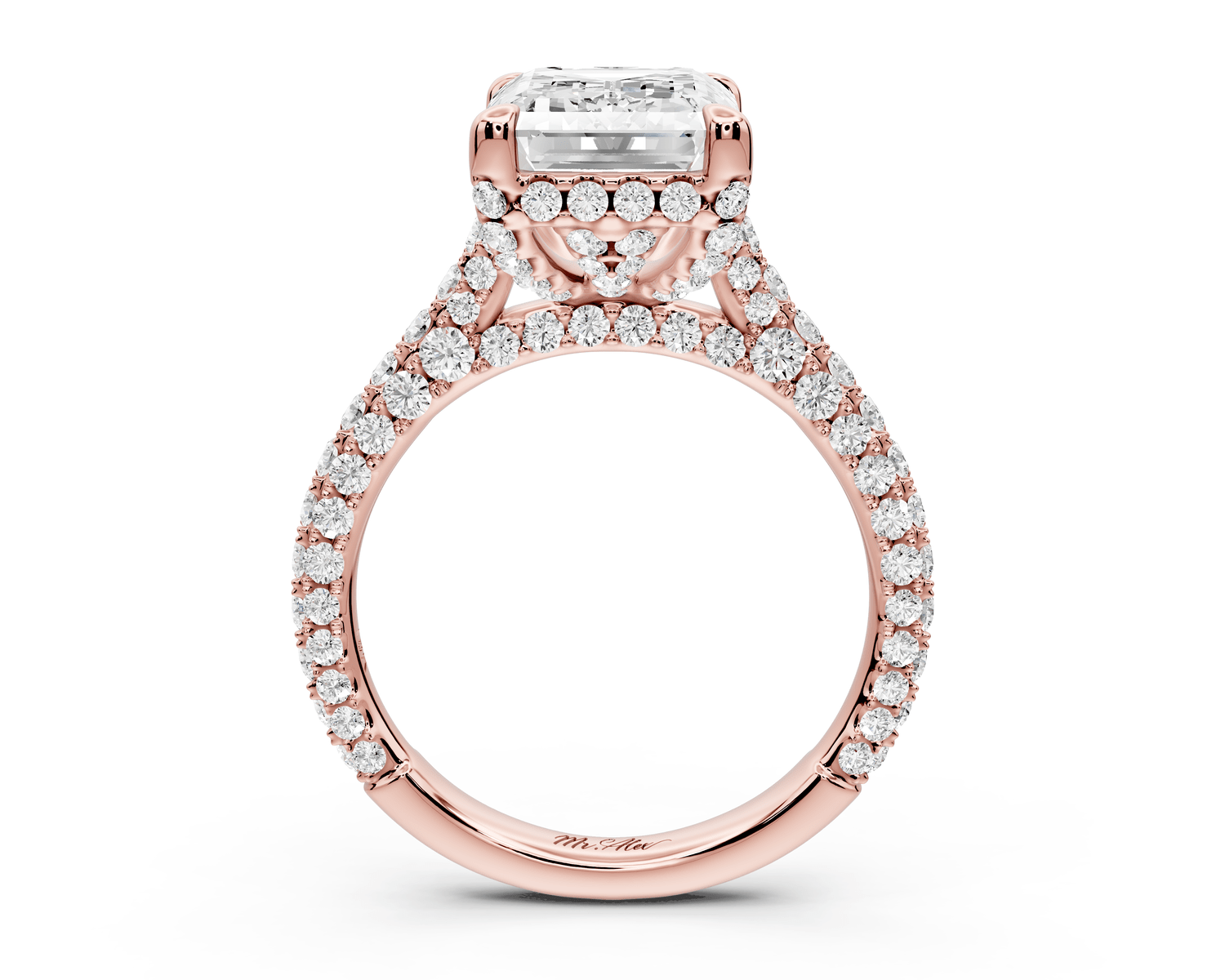 Bianca - 4ct 18k rose gold emerald Diamond hidden halo with a diamond crown and bridge rollover pave cathedral Engagement ring - Mr. Alex Jewelry