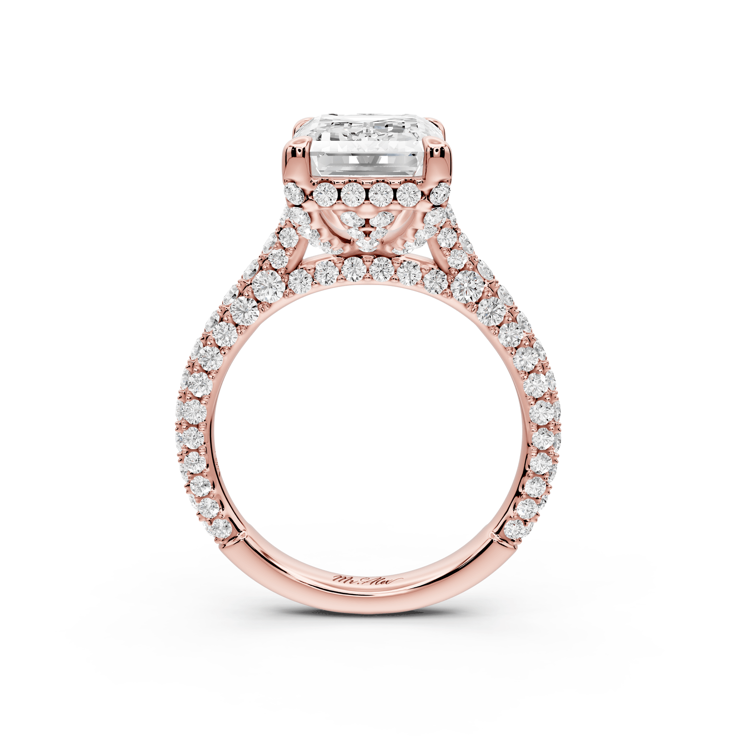 Bianca - 4ct 18k rose gold emerald Diamond hidden halo with a diamond crown and bridge rollover pave cathedral Engagement ring - Mr. Alex Jewelry