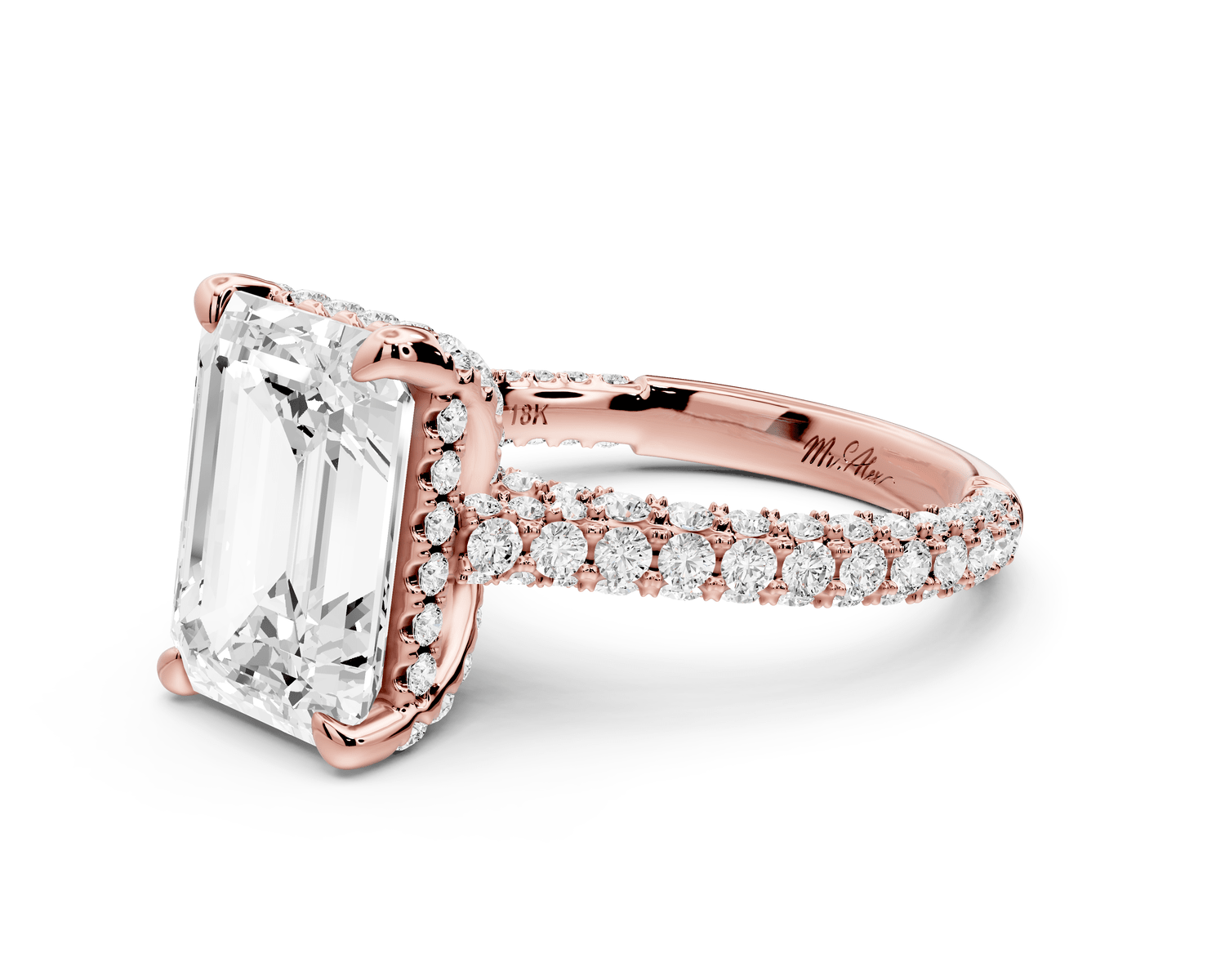 Bianca - 4ct 18k rose gold emerald Diamond hidden halo with a diamond crown and bridge rollover pave cathedral Engagement ring - Mr. Alex Jewelry