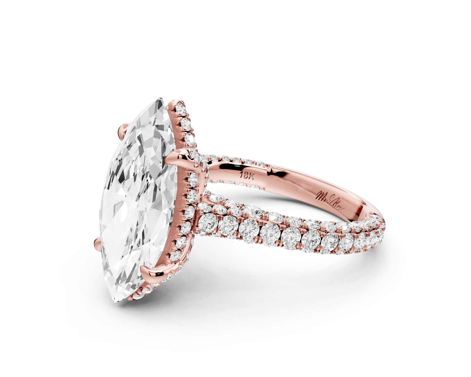 Bianca - 4ct 18k rose gold marquise Diamond hidden halo with a diamond crown and bridge rollover pave cathedral engagement ring - Mr. Alex Jewelry