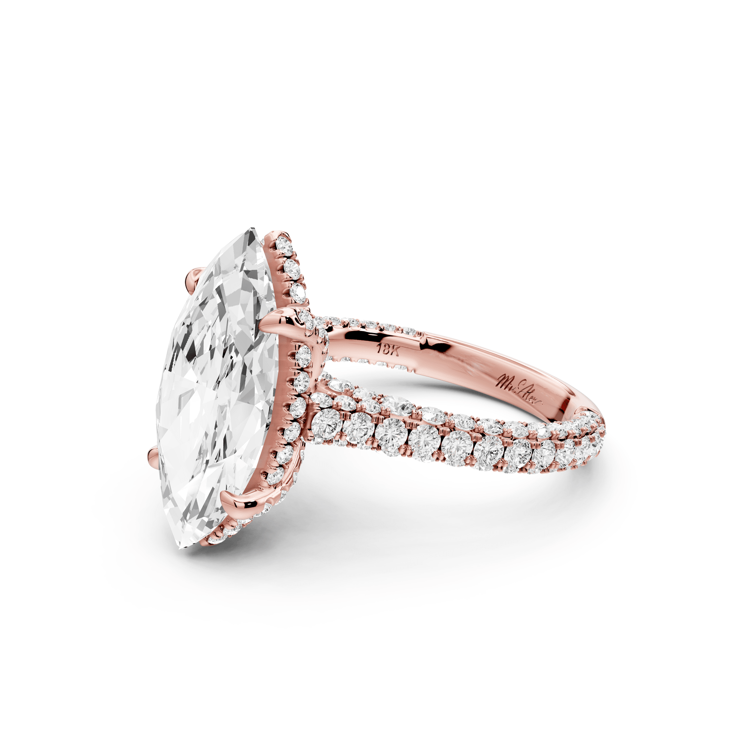 Bianca - 4ct 18k rose gold marquise Diamond hidden halo with a diamond crown and bridge rollover pave cathedral engagement ring - Mr. Alex Jewelry