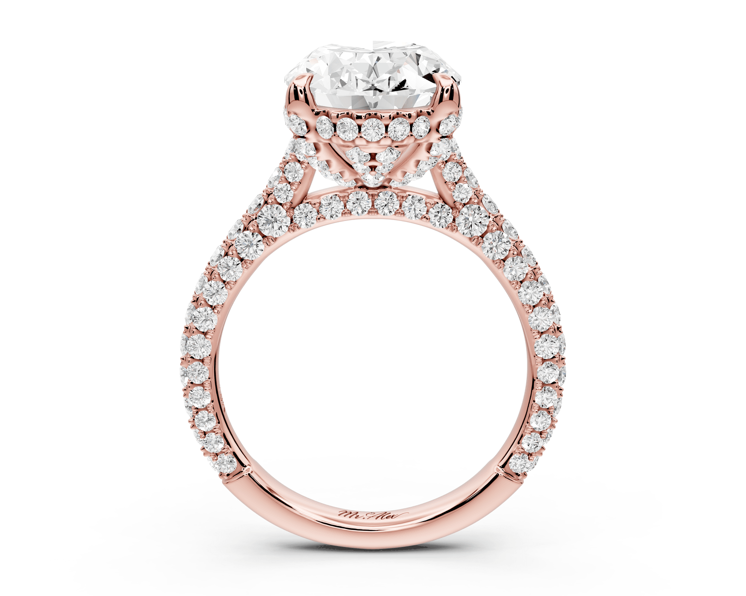 Bianca - 4ct 18k rose gold oval Diamond hidden halo with a diamond crown and bridge rollover pave cathedral Engagement ring - Mr. Alex Jewelry
