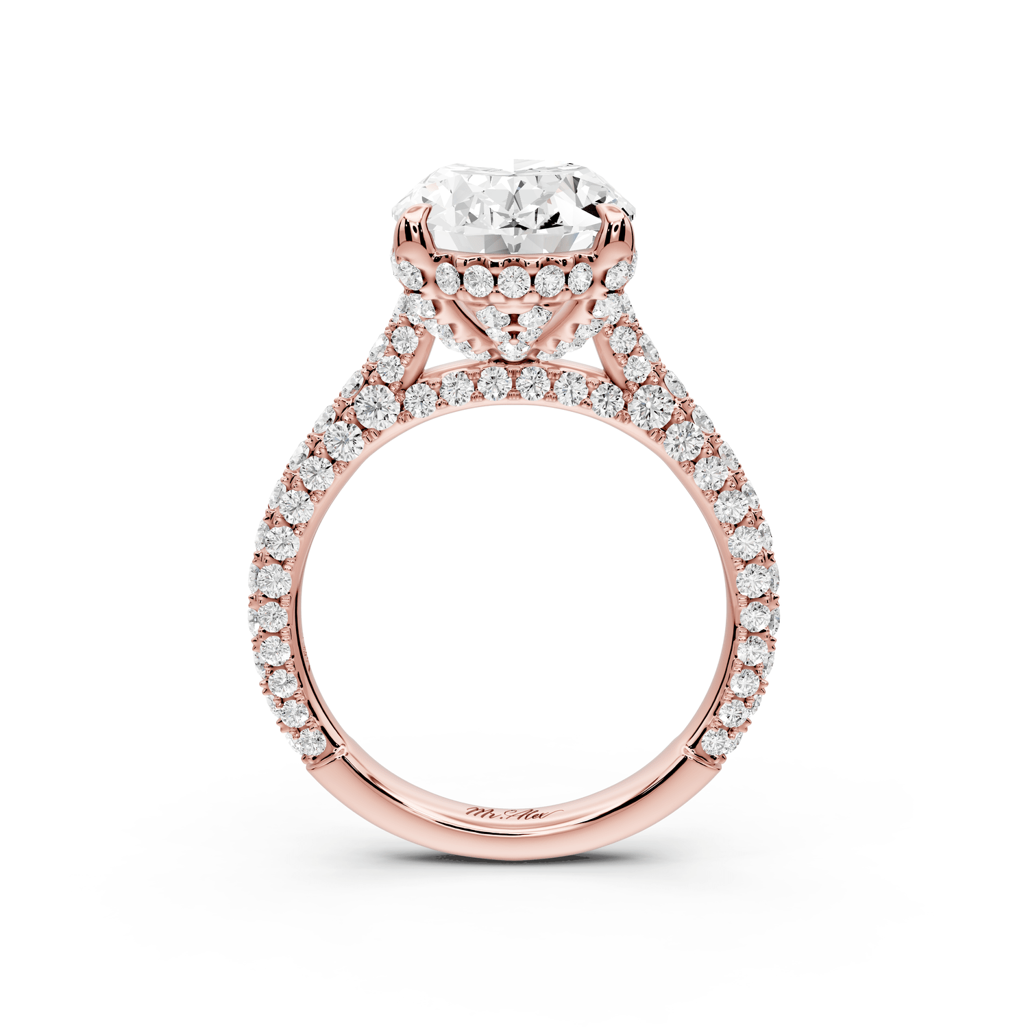 Bianca - 4ct 18k rose gold oval Diamond hidden halo with a diamond crown and bridge rollover pave cathedral Engagement ring - Mr. Alex Jewelry