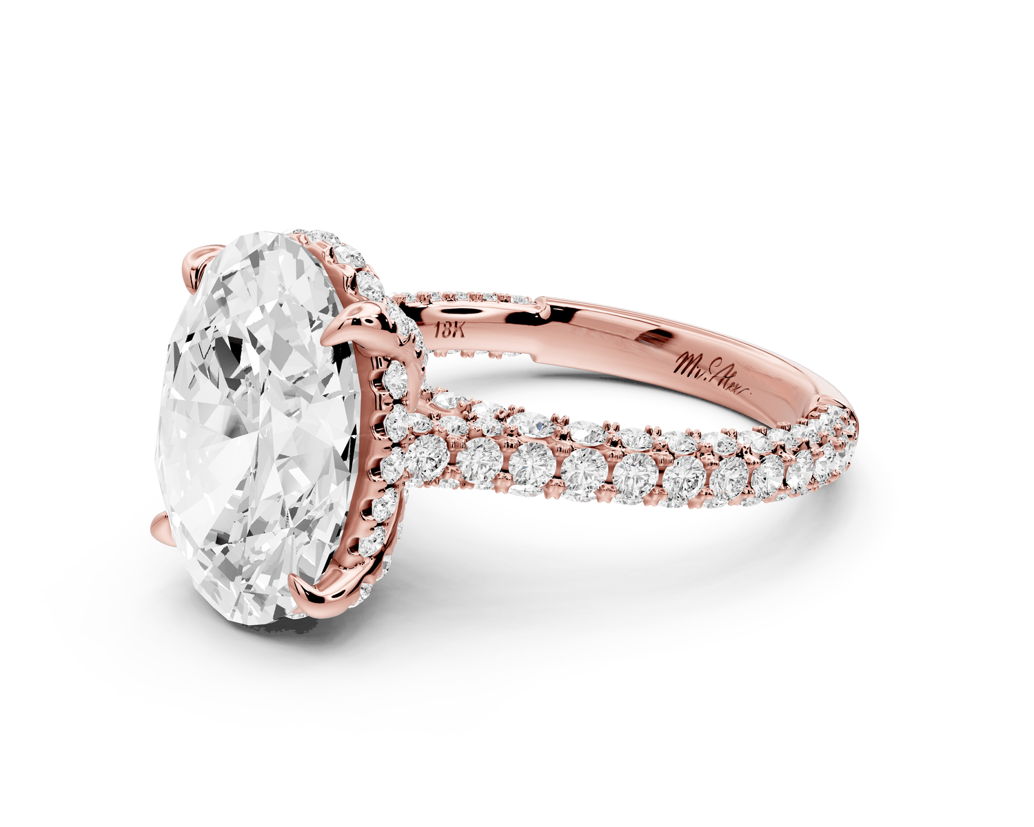 Bianca - 4ct 18k rose gold oval Diamond hidden halo with a diamond crown and bridge rollover pave cathedral Engagement ring - Mr. Alex Jewelry