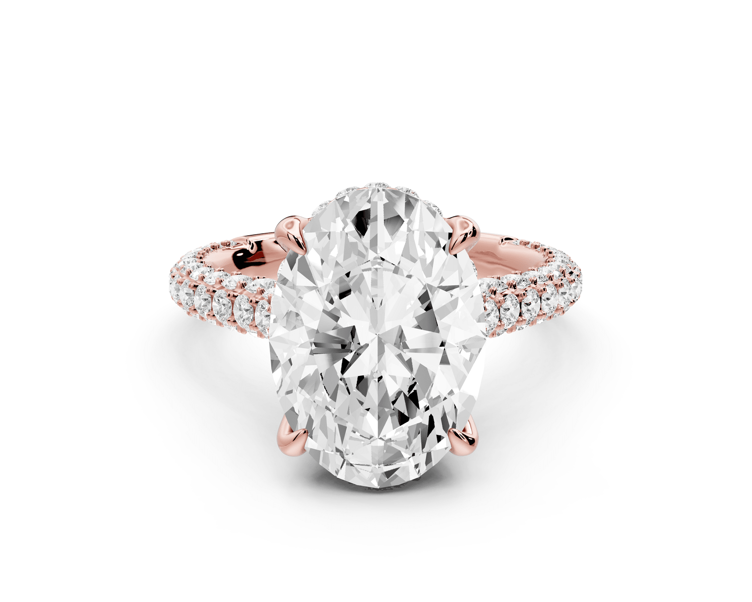 Bianca - 4ct 18k rose gold oval Diamond hidden halo with a diamond crown and bridge rollover pave cathedral Engagement ring - Mr. Alex Jewelry