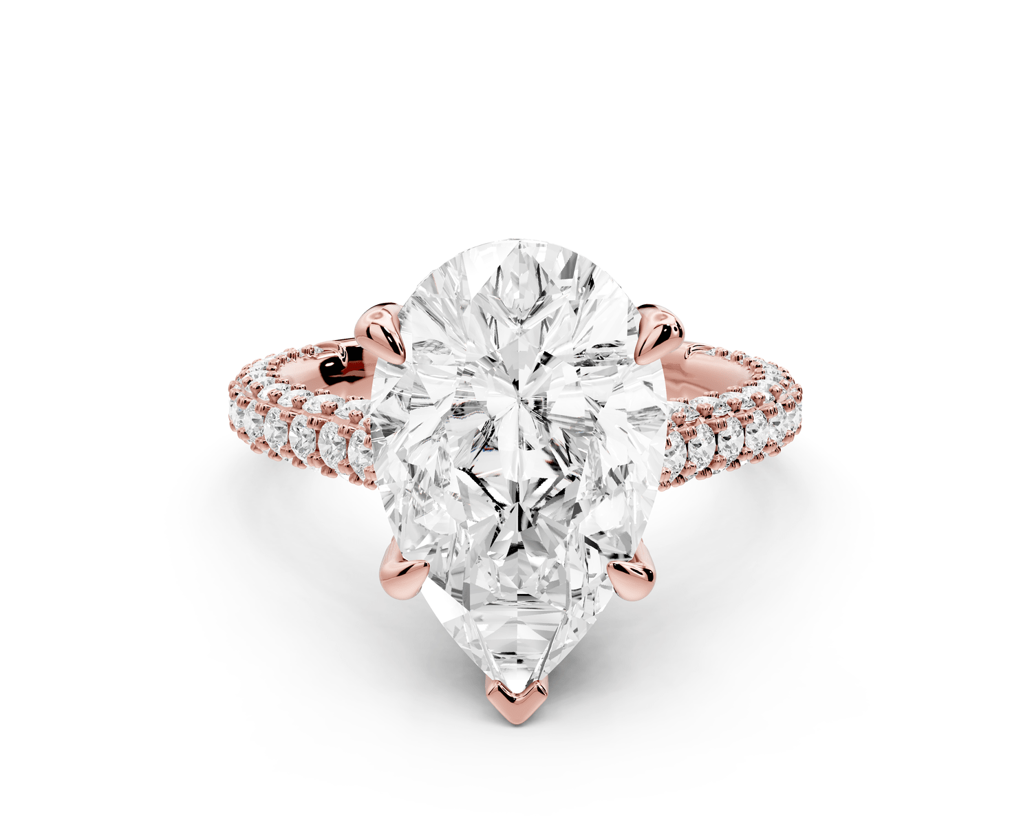 Bianca - 4ct 18k rose gold pear Diamond hidden halo with a diamond crown and bridge rollover pave cathedral Engagement ring - Mr. Alex Jewelry
