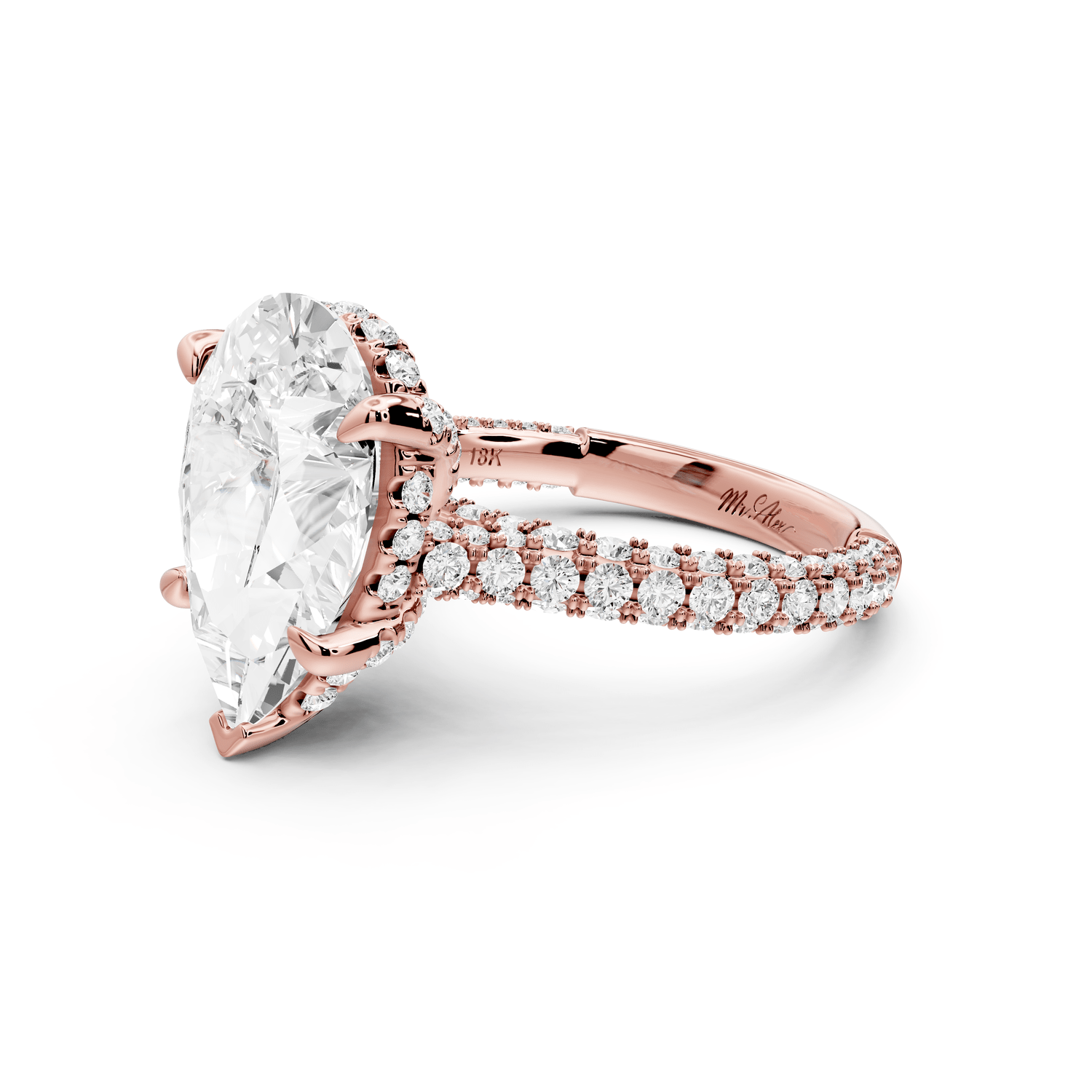 Bianca - 4ct 18k rose gold pear Diamond hidden halo with a diamond crown and bridge rollover pave cathedral Engagement ring - Mr. Alex Jewelry