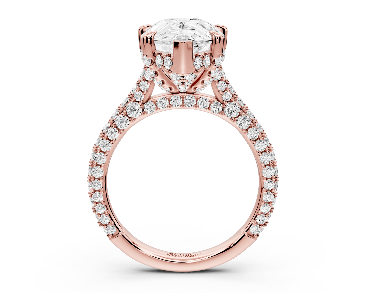 Bianca - 4ct 18k rose gold pear Diamond hidden halo with a diamond crown and bridge rollover pave cathedral Engagement ring - Mr. Alex Jewelry