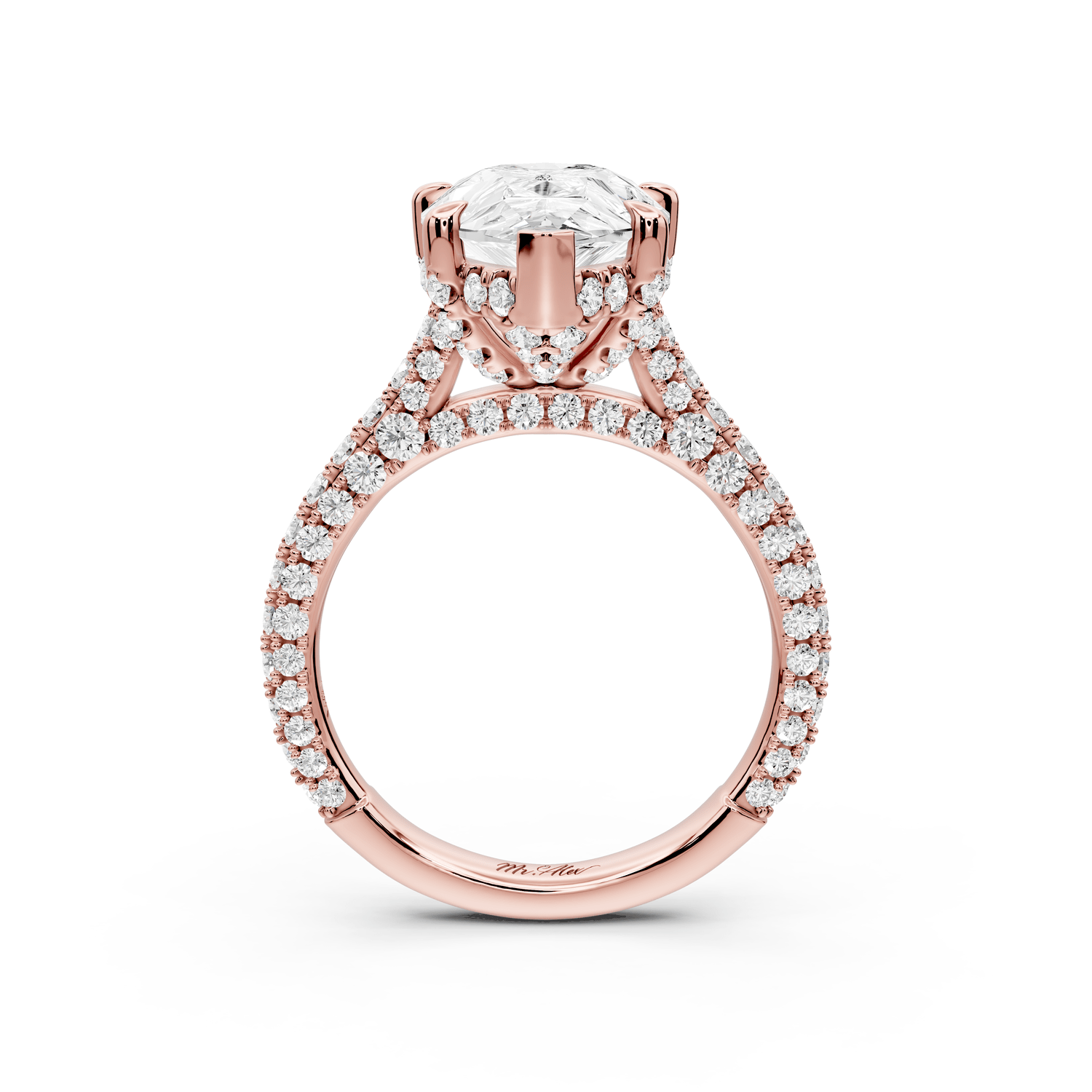 Bianca - 4ct 18k rose gold pear Diamond hidden halo with a diamond crown and bridge rollover pave cathedral Engagement ring - Mr. Alex Jewelry