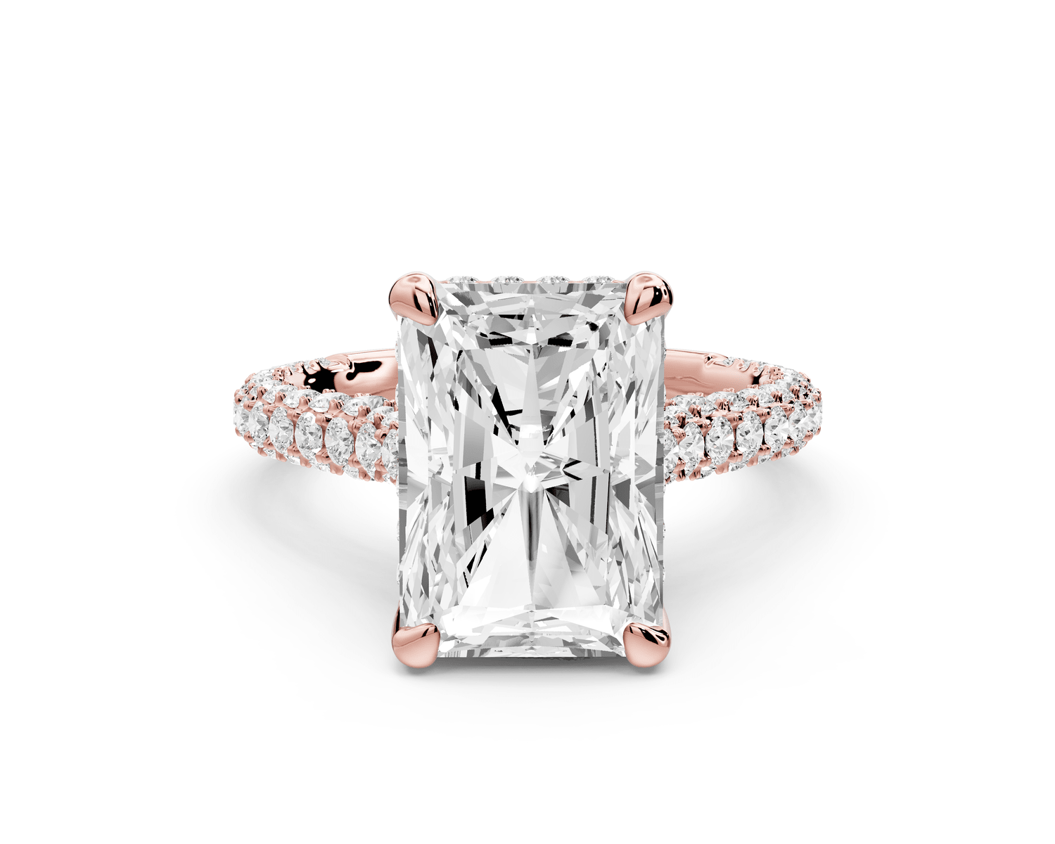 Bianca - 4ct 18k rose gold radiant Diamond hidden halo with a diamond crown and bridge rollover pave cathedral engagement ring - Mr. Alex Jewelry