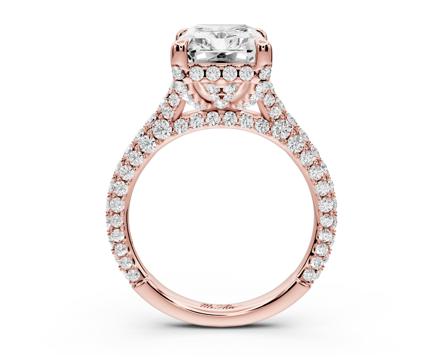 Bianca - 4ct 18k rose gold radiant Diamond hidden halo with a diamond crown and bridge rollover pave cathedral engagement ring - Mr. Alex Jewelry