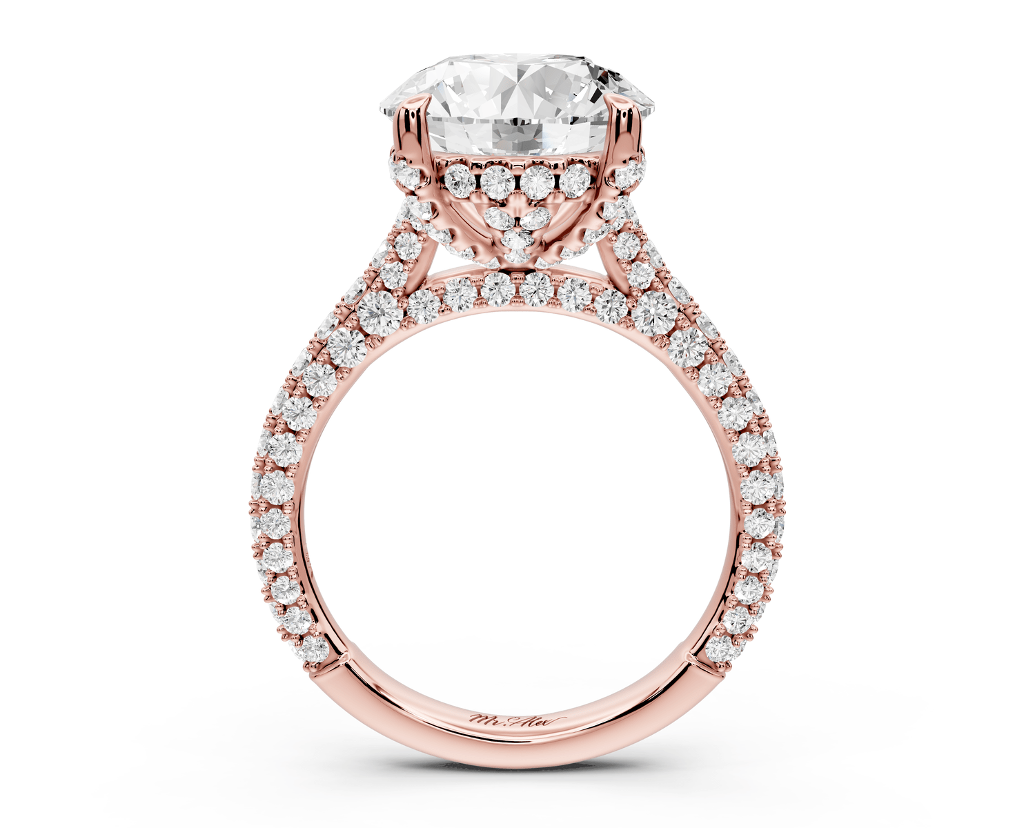 Bianca - 4ct 18k rose gold round Diamond hidden halo with a diamond crown and bridge rollover pave cathedral engagment ring - Mr. Alex Jewelry