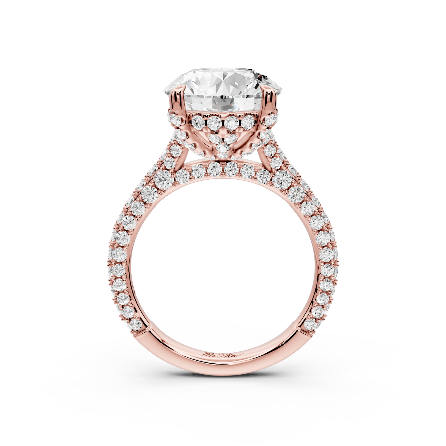 Bianca - 4ct 18k rose gold round Diamond hidden halo with a diamond crown and bridge rollover pave cathedral engagment ring - Mr. Alex Jewelry