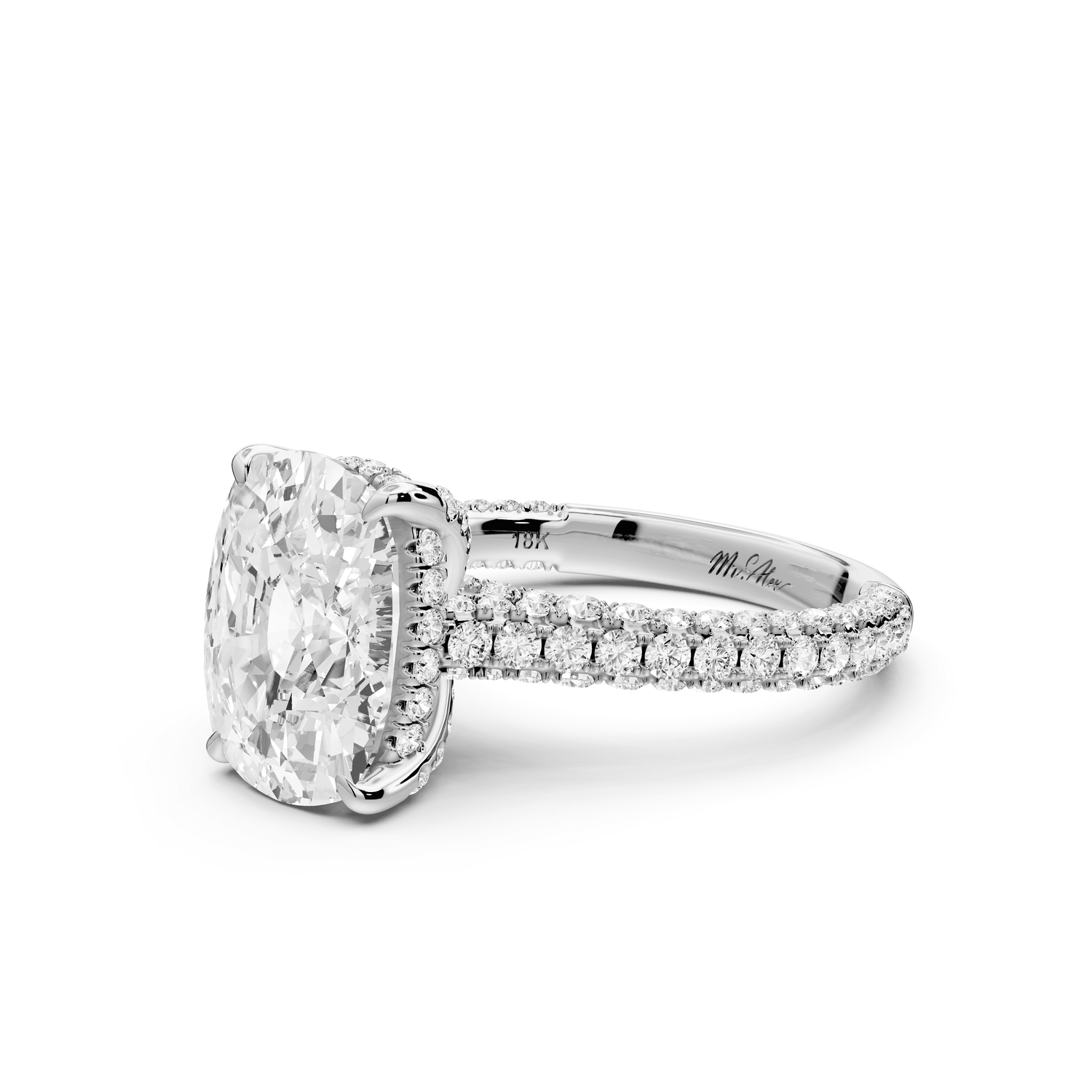 Bianca - 4ct 18k white gold ecushion Diamond hidden halo with a diamond crown and bridge rollover pave cathedral engagement ring - Mr. Alex Jewelry