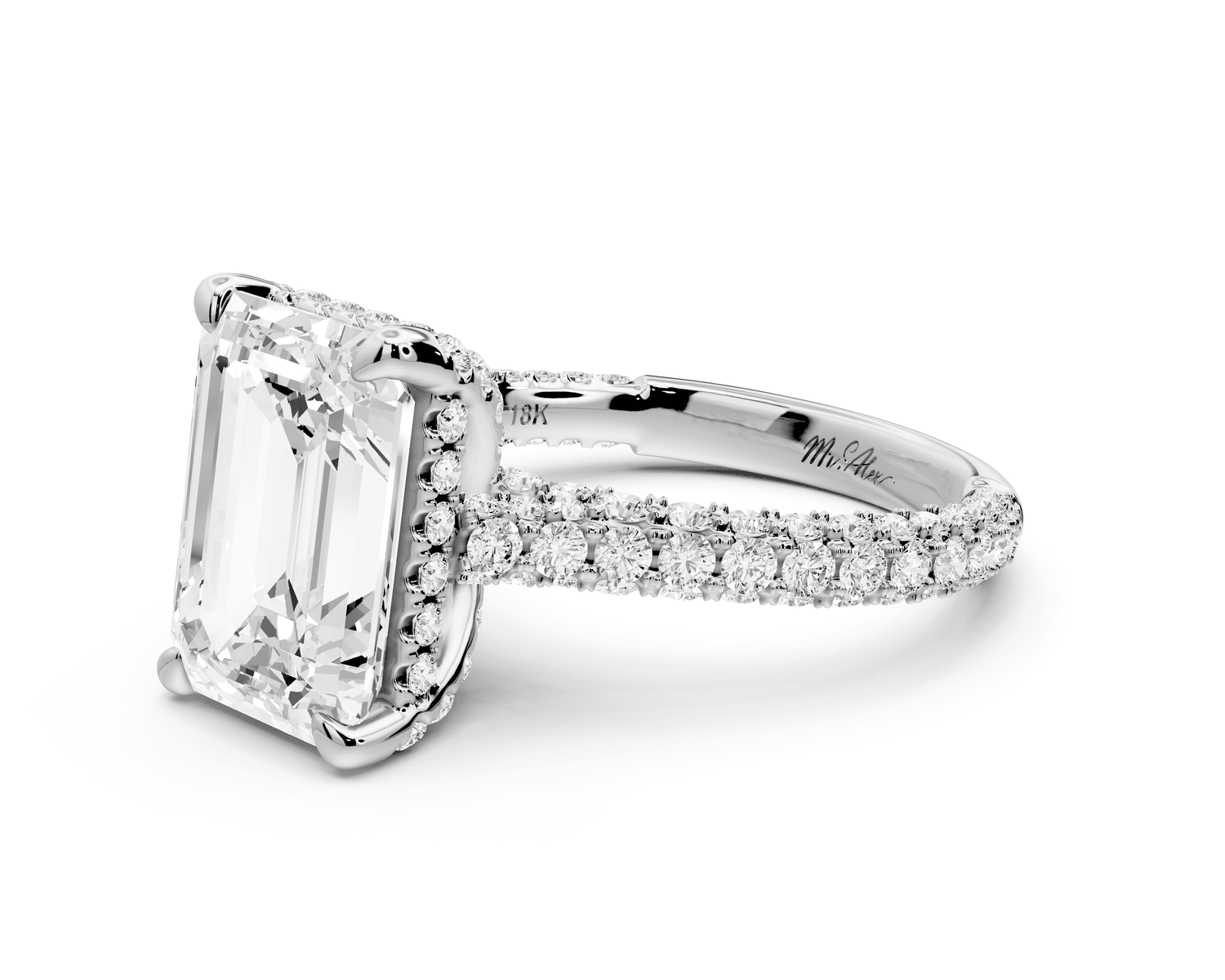 Bianca - 4ct 18k white gold emerald Diamond hidden halo with a diamond crown and bridge rollover pave cathedral Engagement ring - Mr. Alex Jewelry