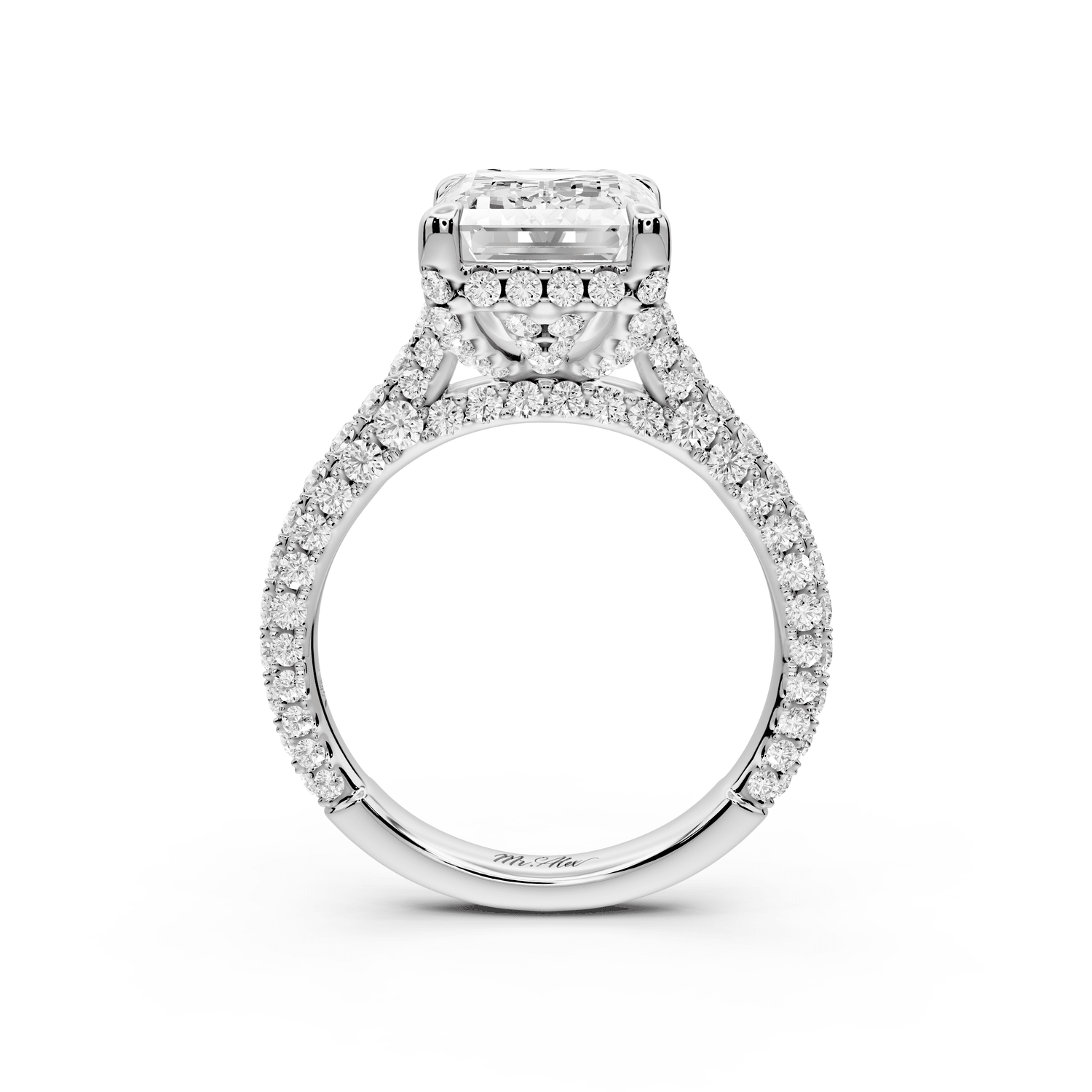 Bianca - 4ct 18k white gold emerald Diamond hidden halo with a diamond crown and bridge rollover pave cathedral Engagement ring - Mr. Alex Jewelry