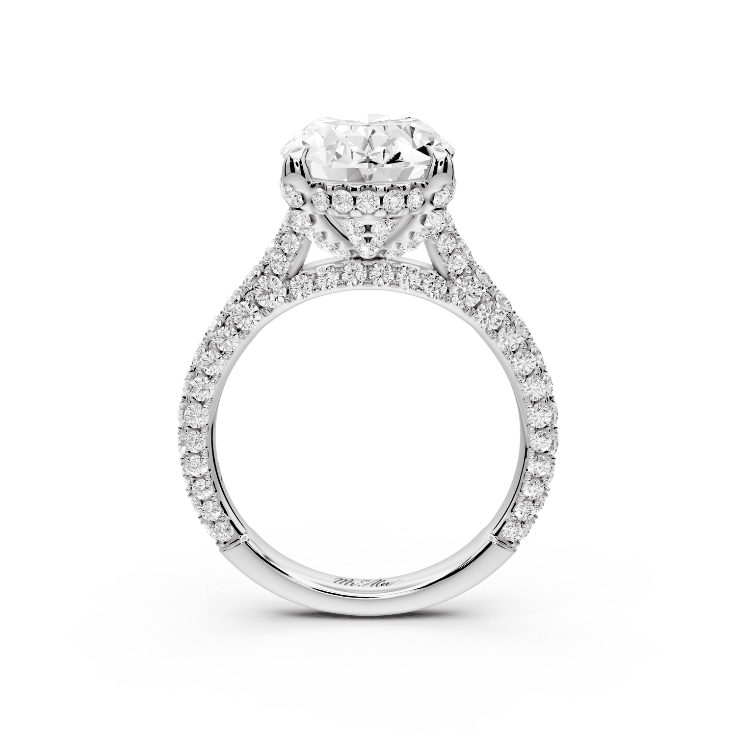 Bianca - 4ct 18k white gold oval Diamond hidden halo with a diamond crown and bridge rollover pave cathedral Engagement ring - Mr. Alex Jewelry