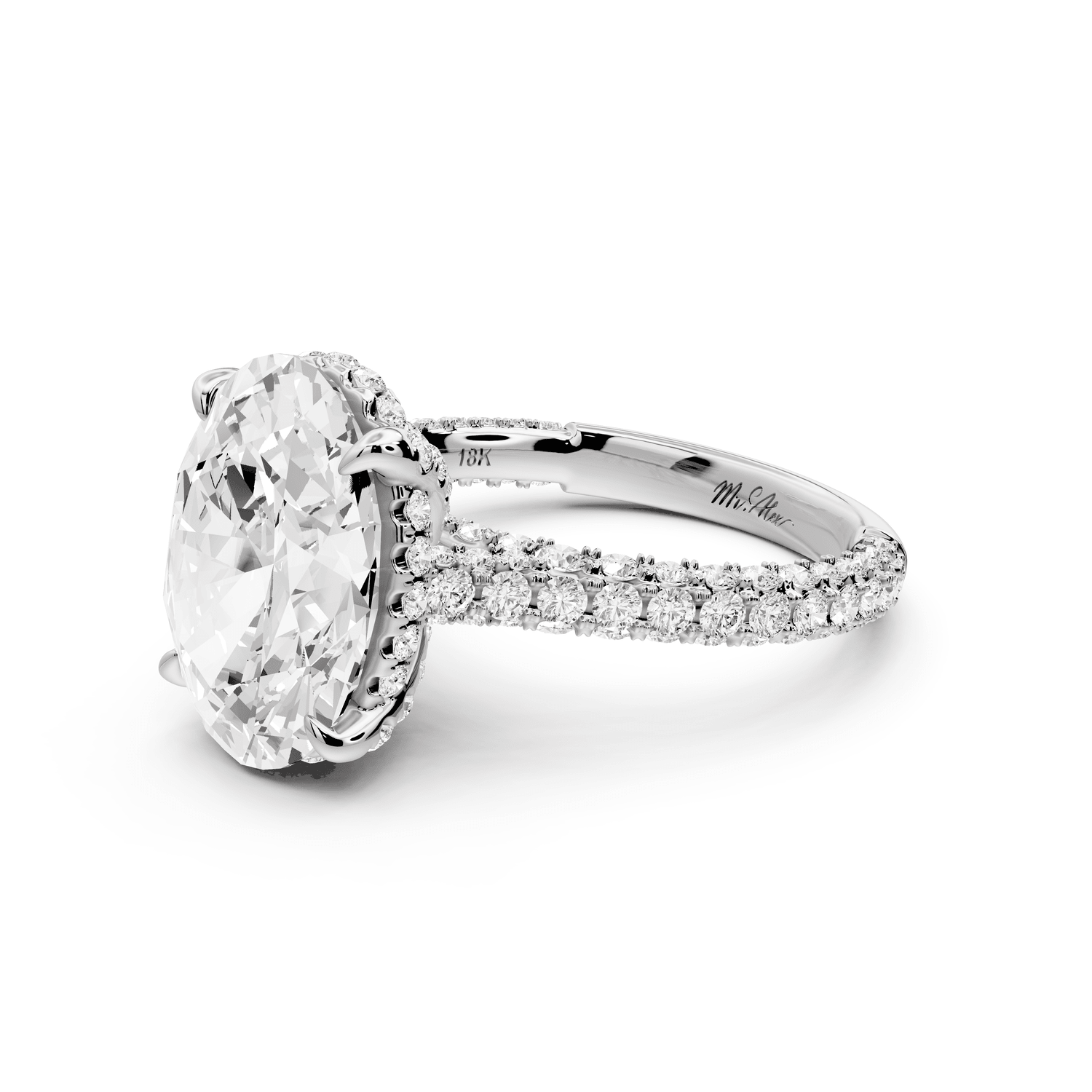 Bianca - 4ct 18k white gold oval Diamond hidden halo with a diamond crown and bridge rollover pave cathedral Engagement ring - Mr. Alex Jewelry