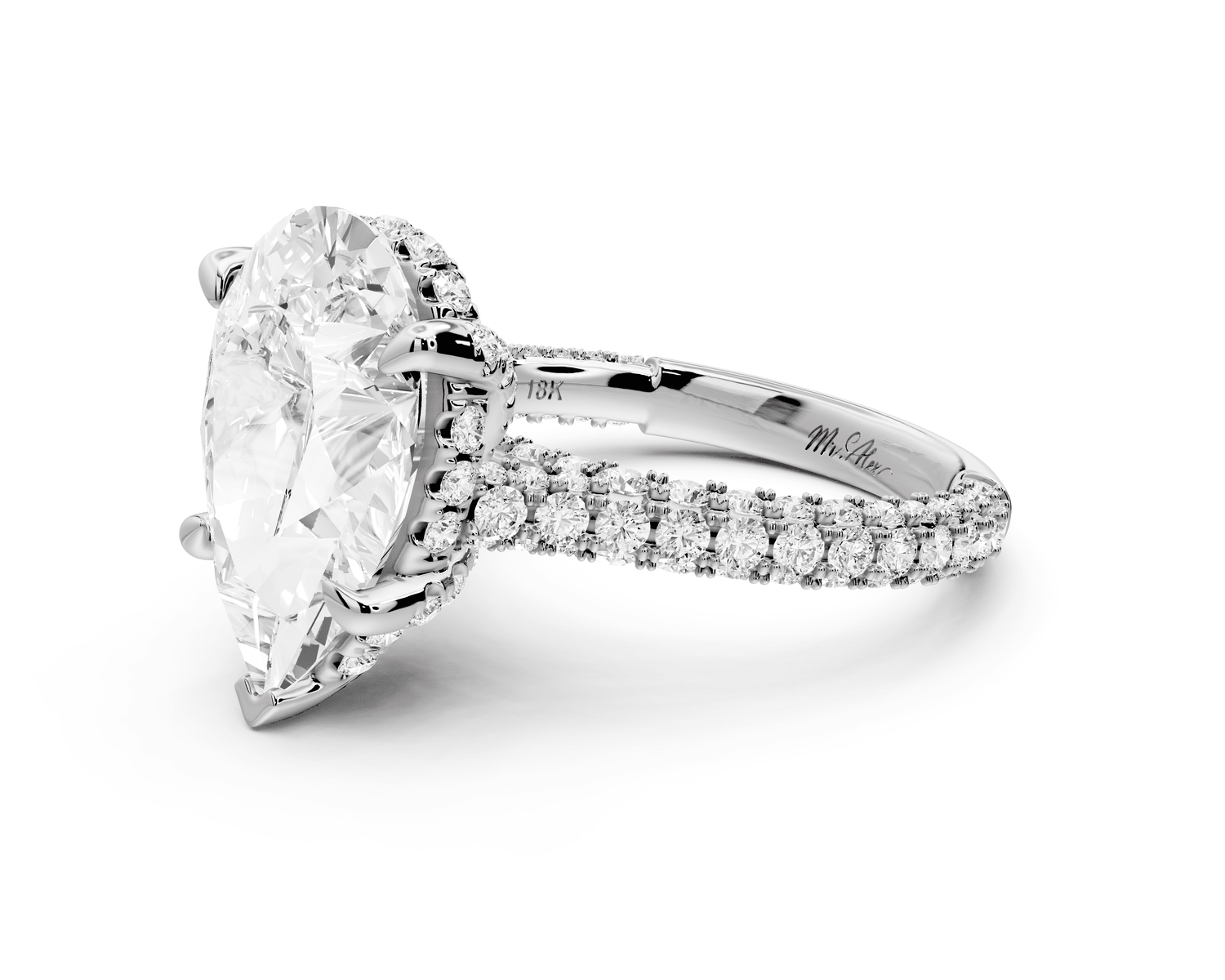 Bianca - 4ct 18k white gold pear Diamond hidden halo with a diamond crown and bridge rollover pave cathedral Engagement ring - Mr. Alex Jewelry