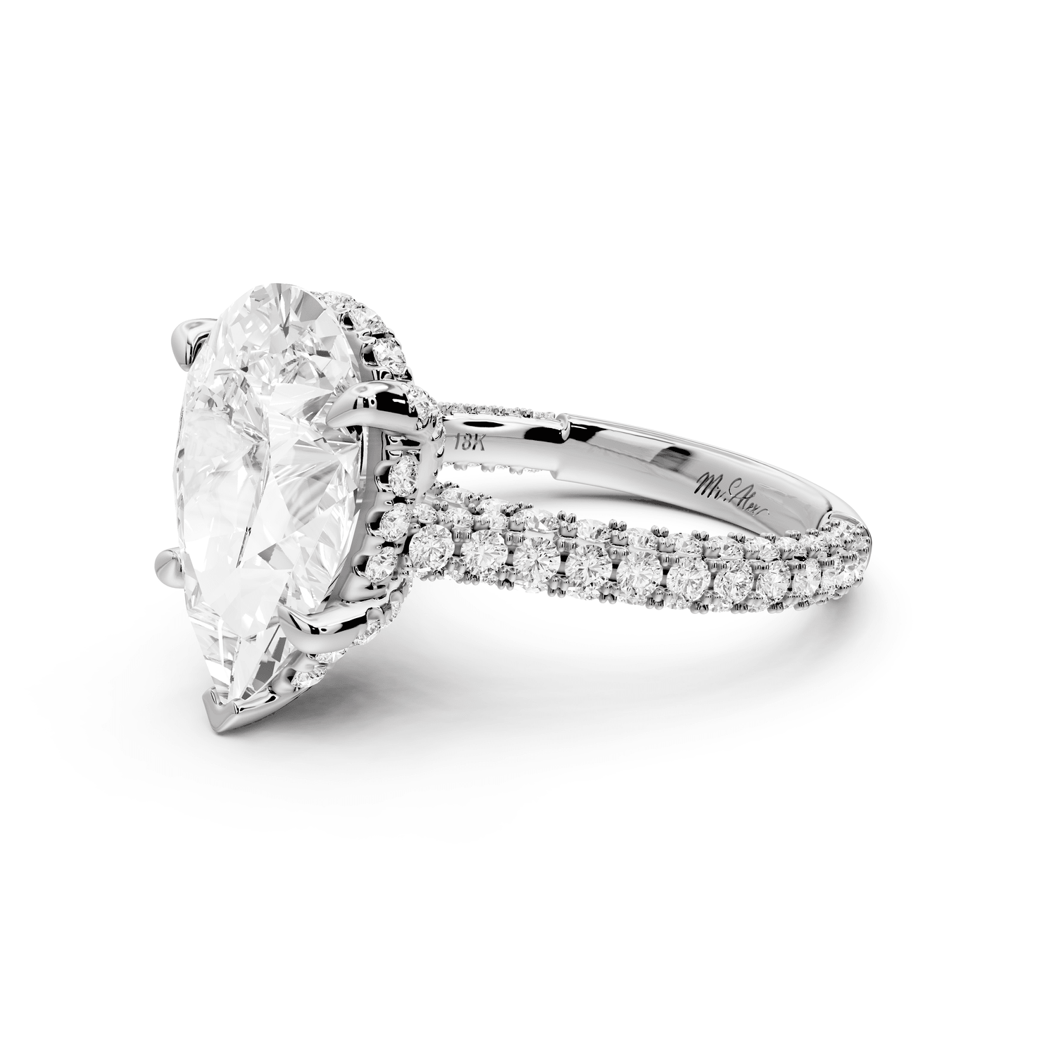Bianca - 4ct 18k white gold pear Diamond hidden halo with a diamond crown and bridge rollover pave cathedral Engagement ring - Mr. Alex Jewelry