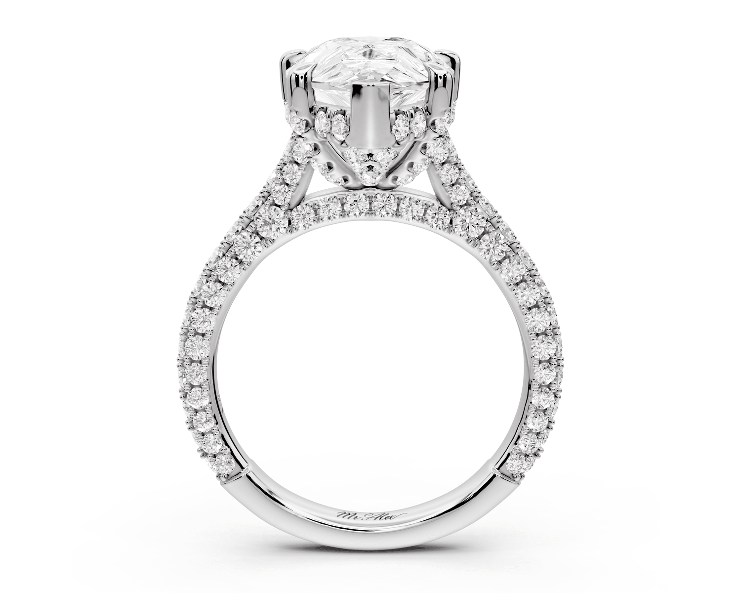 Bianca - 4ct 18k white gold pear Diamond hidden halo with a diamond crown and bridge rollover pave cathedral Engagement ring - Mr. Alex Jewelry