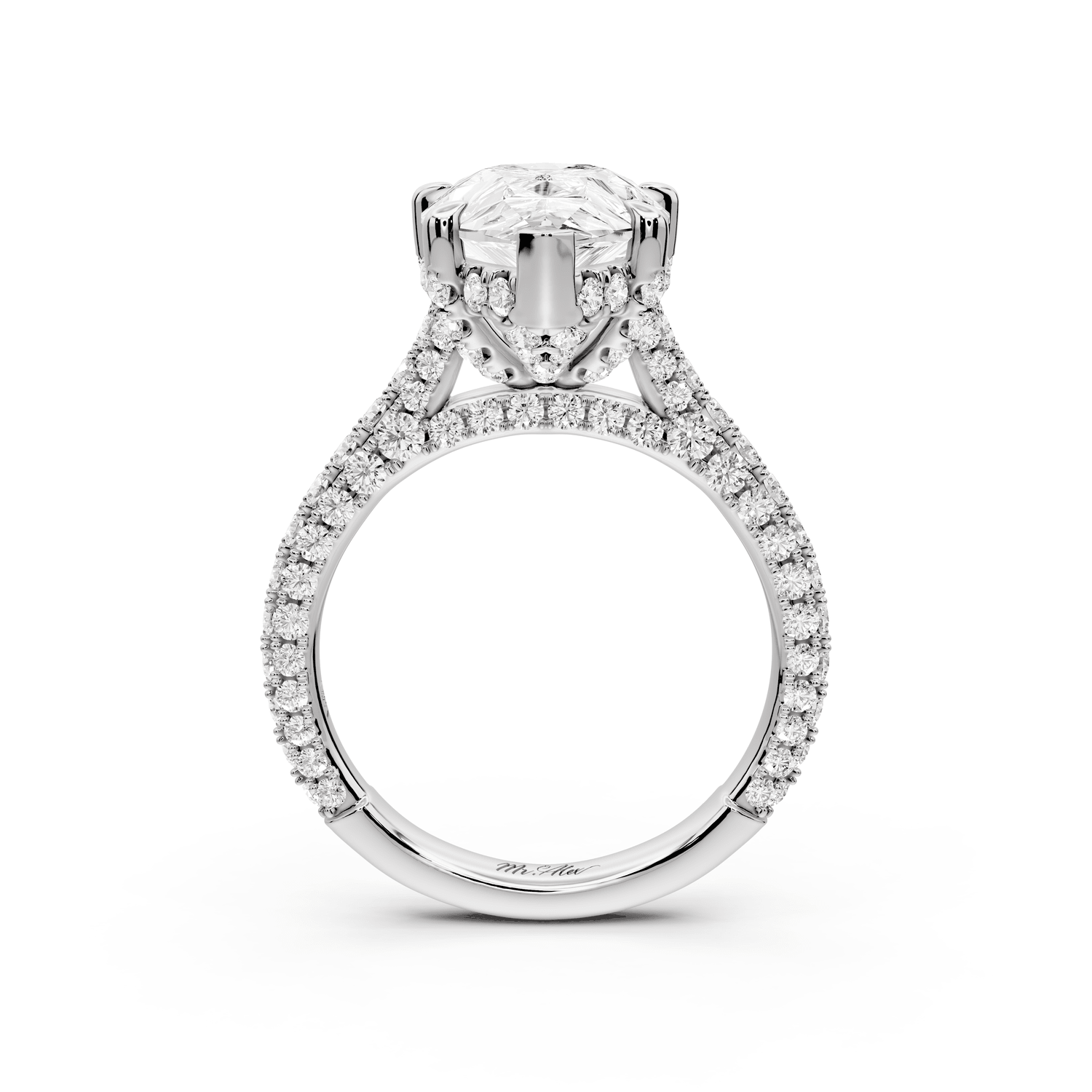 Bianca - 4ct 18k white gold pear Diamond hidden halo with a diamond crown and bridge rollover pave cathedral Engagement ring - Mr. Alex Jewelry