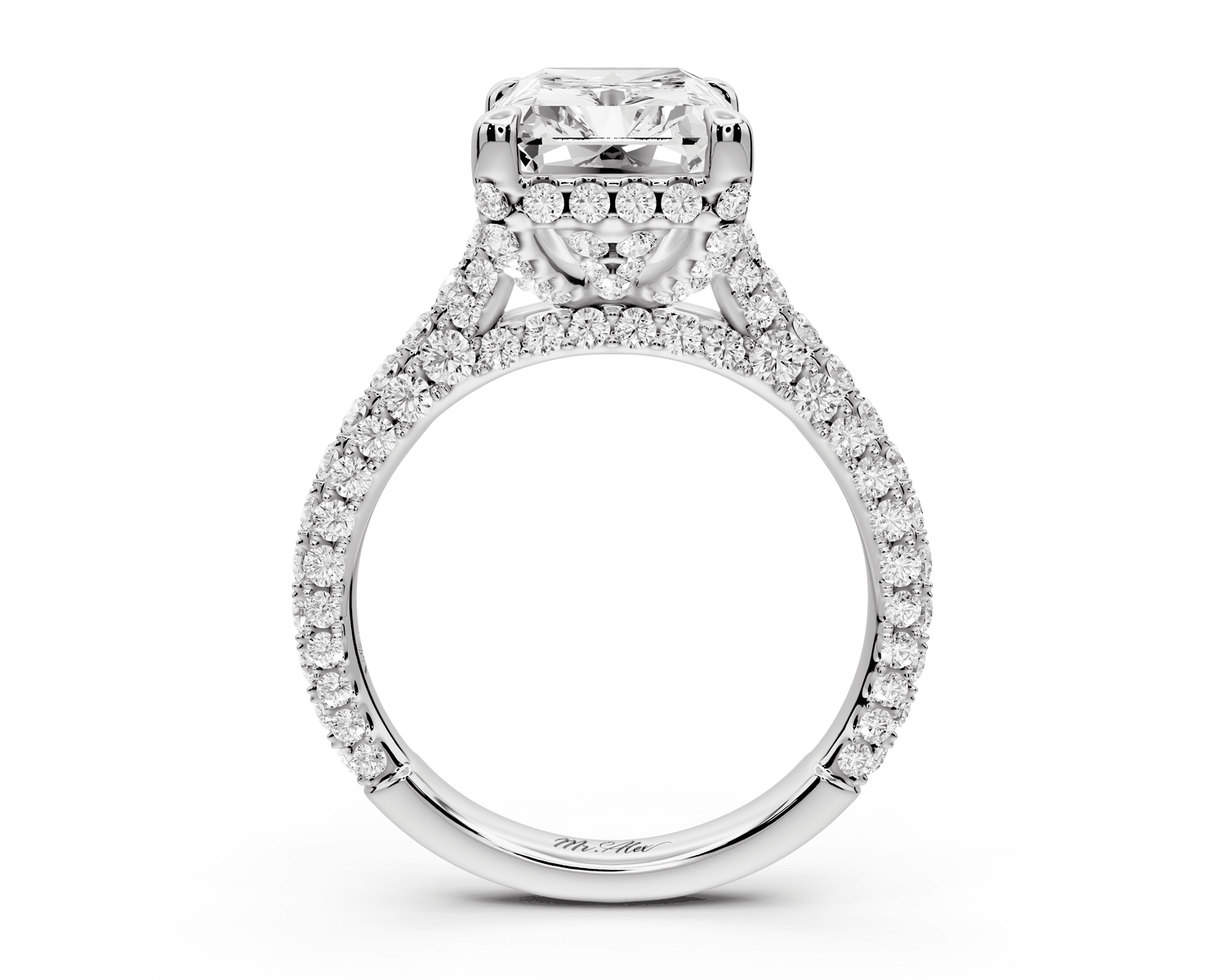 Bianca - 4ct 18k white gold radiant Diamond hidden halo with a diamond crown and bridge rollover pave cathedral engagement ring - Mr. Alex Jewelry