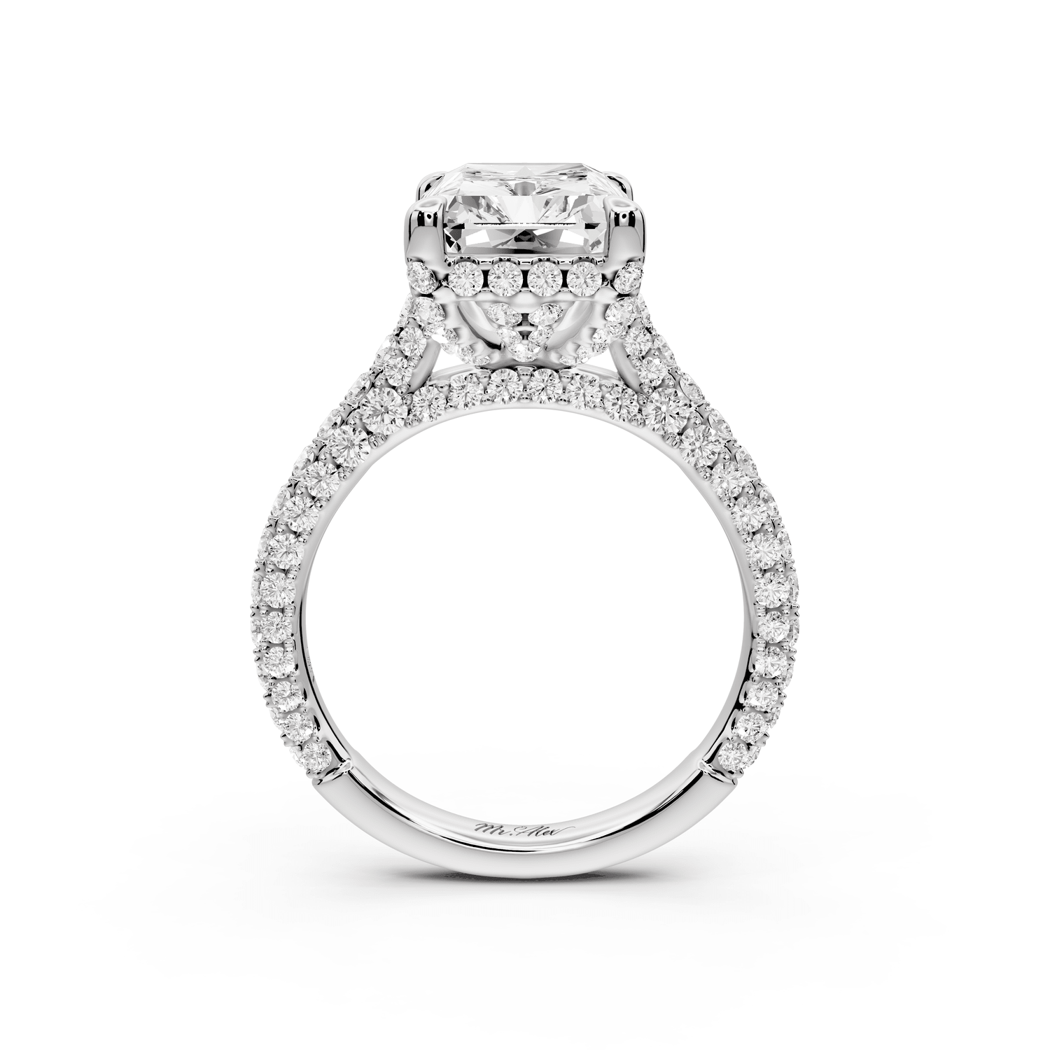 Bianca - 4ct 18k white gold radiant Diamond hidden halo with a diamond crown and bridge rollover pave cathedral engagement ring - Mr. Alex Jewelry