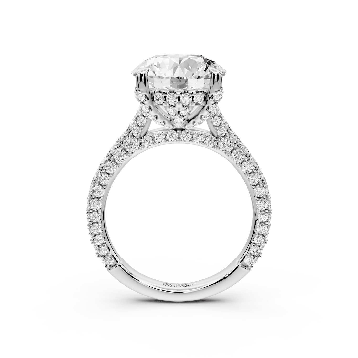 Bianca - 4ct 18k white gold round Diamond hidden halo with a diamond crown and bridge rollover pave cathedral engagment ring - Mr. Alex Jewelry