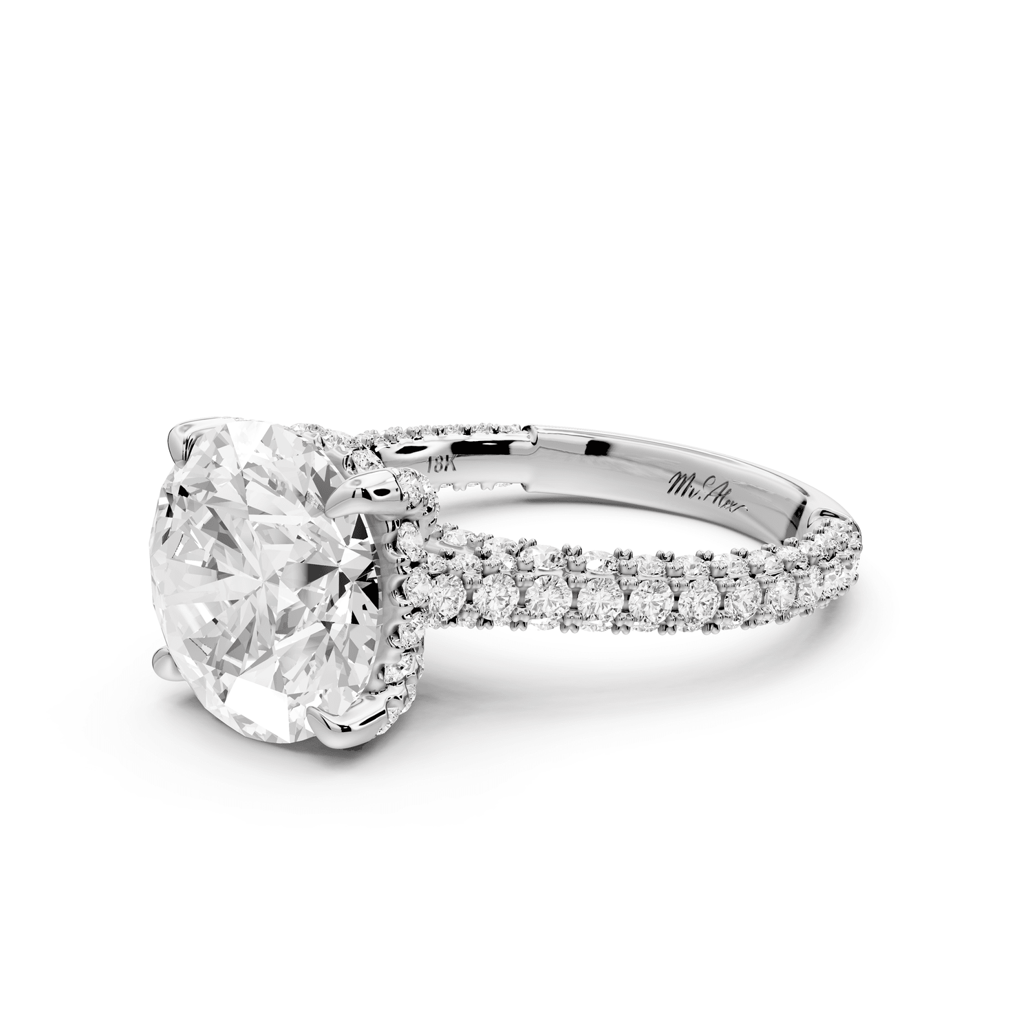 Bianca - 4ct 18k white gold round Diamond hidden halo with a diamond crown and bridge rollover pave cathedral engagment ring - Mr. Alex Jewelry