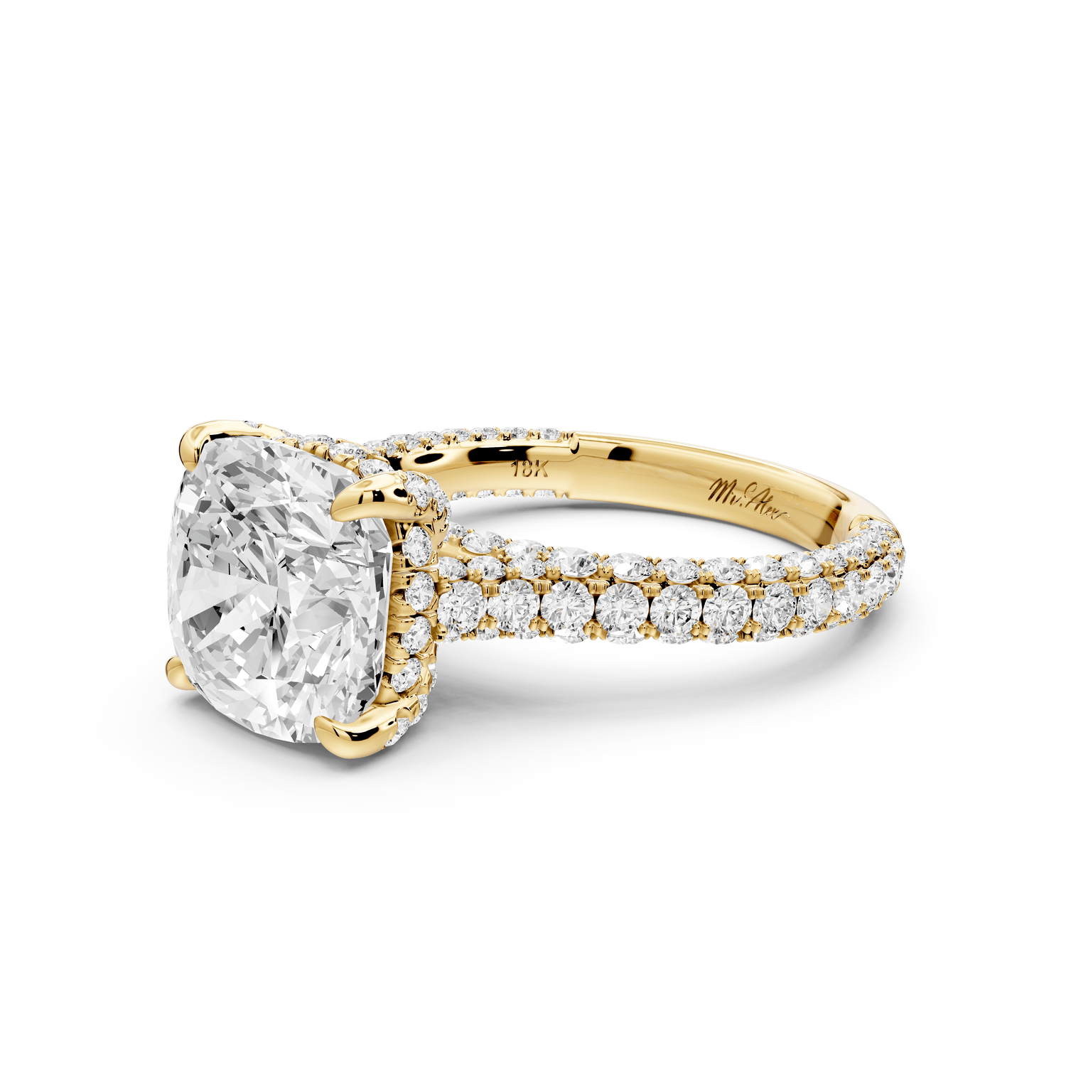 Bianca - 4ct 18k yellow gold cushion Diamond hidden halo with a diamond crown and bridge rollover pave cathedral engagement ring - Mr. Alex Jewelry
