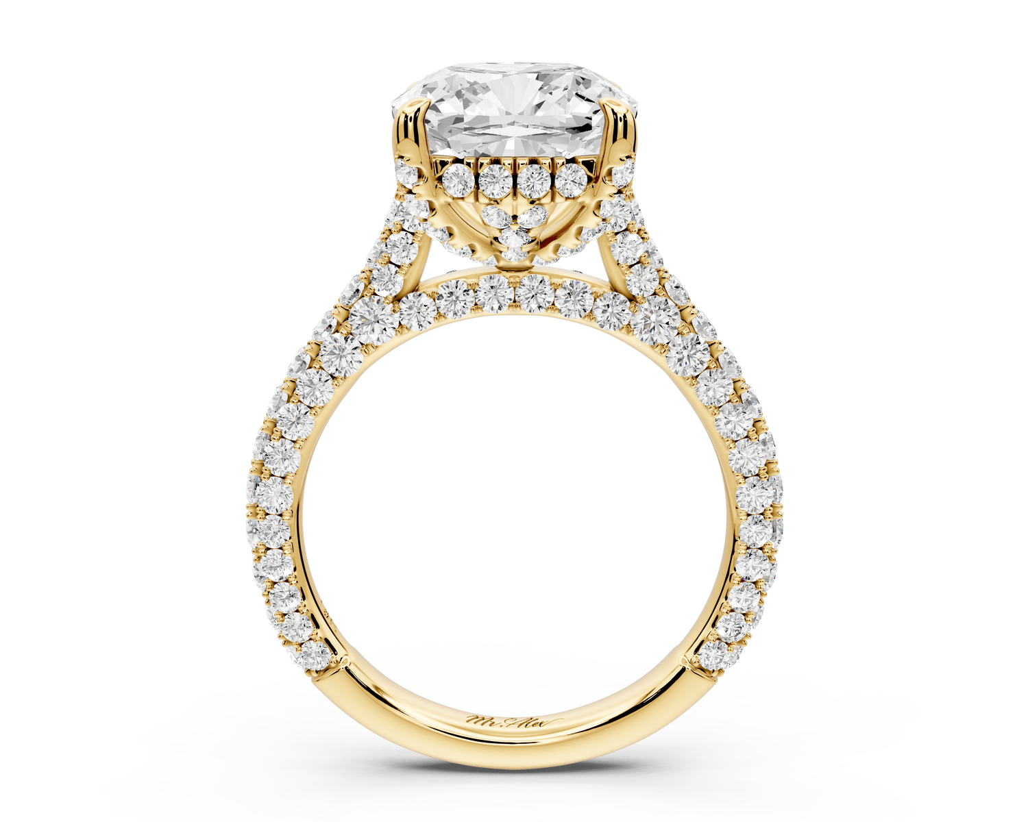 Bianca - 4ct 18k yellow gold cushion Diamond hidden halo with a diamond crown and bridge rollover pave cathedral engagement ring - Mr. Alex Jewelry