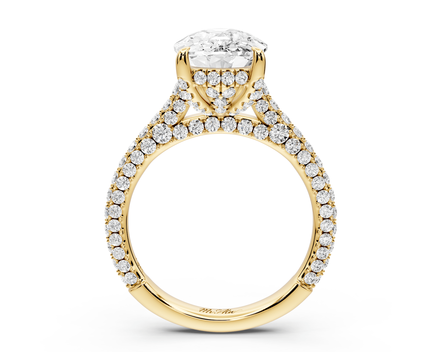 Bianca - 4ct 18k yellow gold ecushion Diamond hidden halo with a diamond crown and bridge rollover pave cathedral engagement ring - Mr. Alex Jewelry