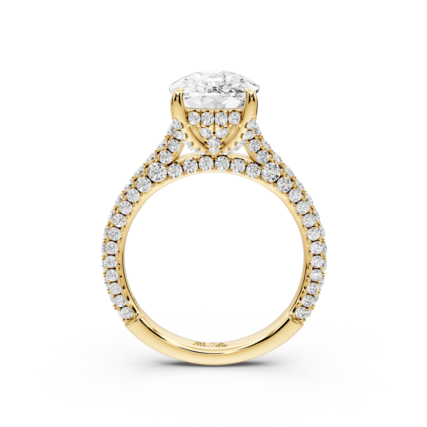 Bianca - 4ct 18k yellow gold ecushion Diamond hidden halo with a diamond crown and bridge rollover pave cathedral engagement ring - Mr. Alex Jewelry
