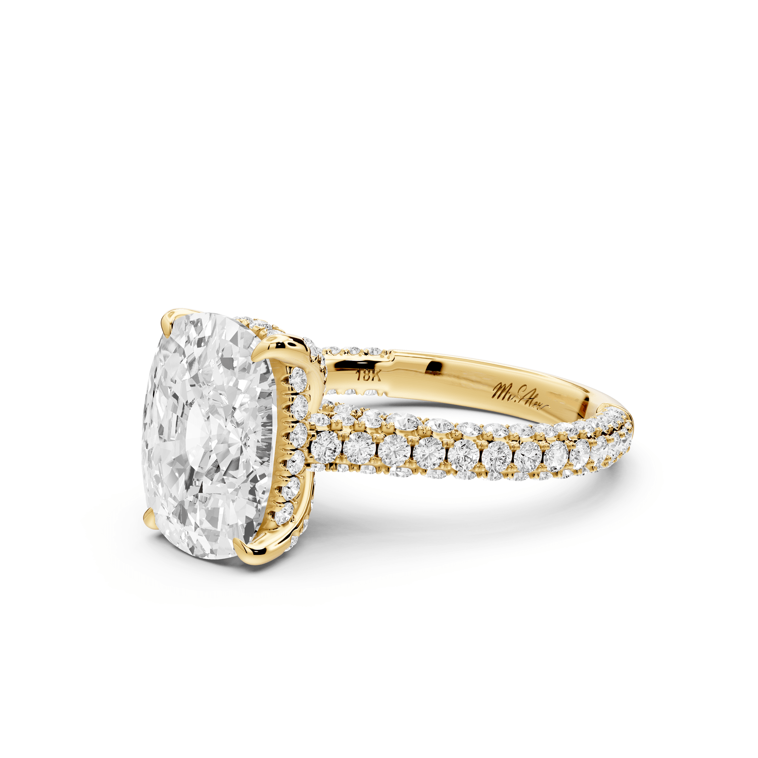 Bianca - 4ct 18k yellow gold ecushion Diamond hidden halo with a diamond crown and bridge rollover pave cathedral engagement ring - Mr. Alex Jewelry