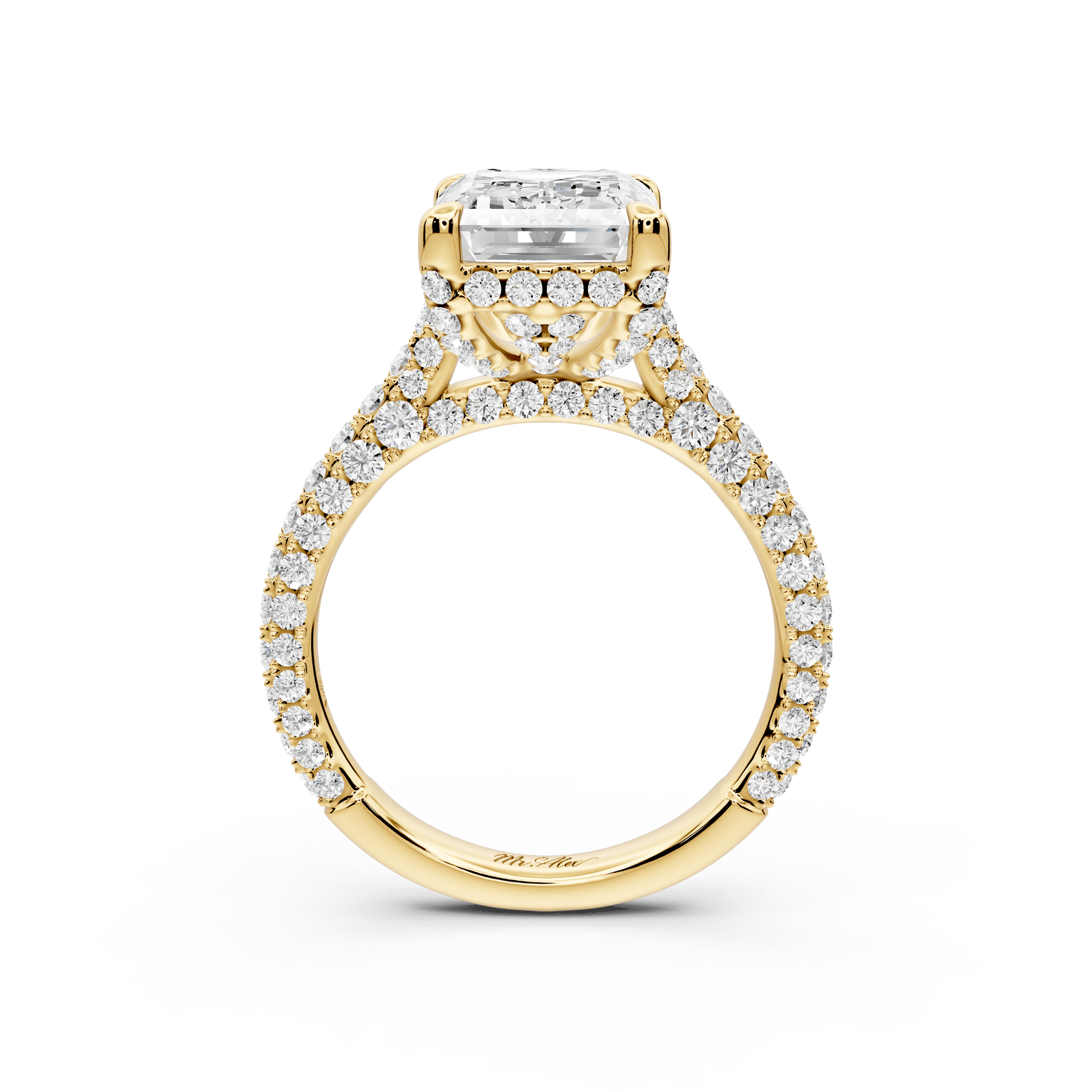 Bianca - 4ct 18k yellow gold emerald Diamond hidden halo with a diamond crown and bridge rollover pave cathedral Engagement ring - Mr. Alex Jewelry