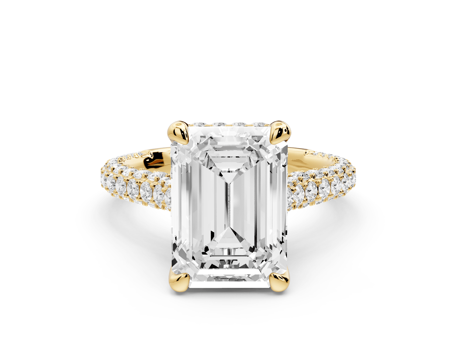 Bianca - 4ct 18k yellow gold emerald Diamond hidden halo with a diamond crown and bridge rollover pave cathedral Engagement ring - Mr. Alex Jewelry