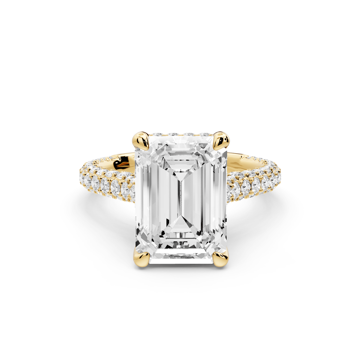 Bianca - 4ct 18k yellow gold emerald Diamond hidden halo with a diamond crown and bridge rollover pave cathedral Engagement ring - Mr. Alex Jewelry