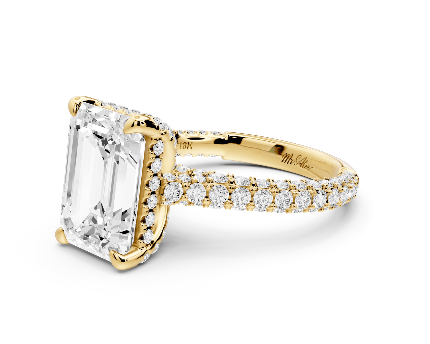 Bianca - 4ct 18k yellow gold emerald Diamond hidden halo with a diamond crown and bridge rollover pave cathedral Engagement ring - Mr. Alex Jewelry