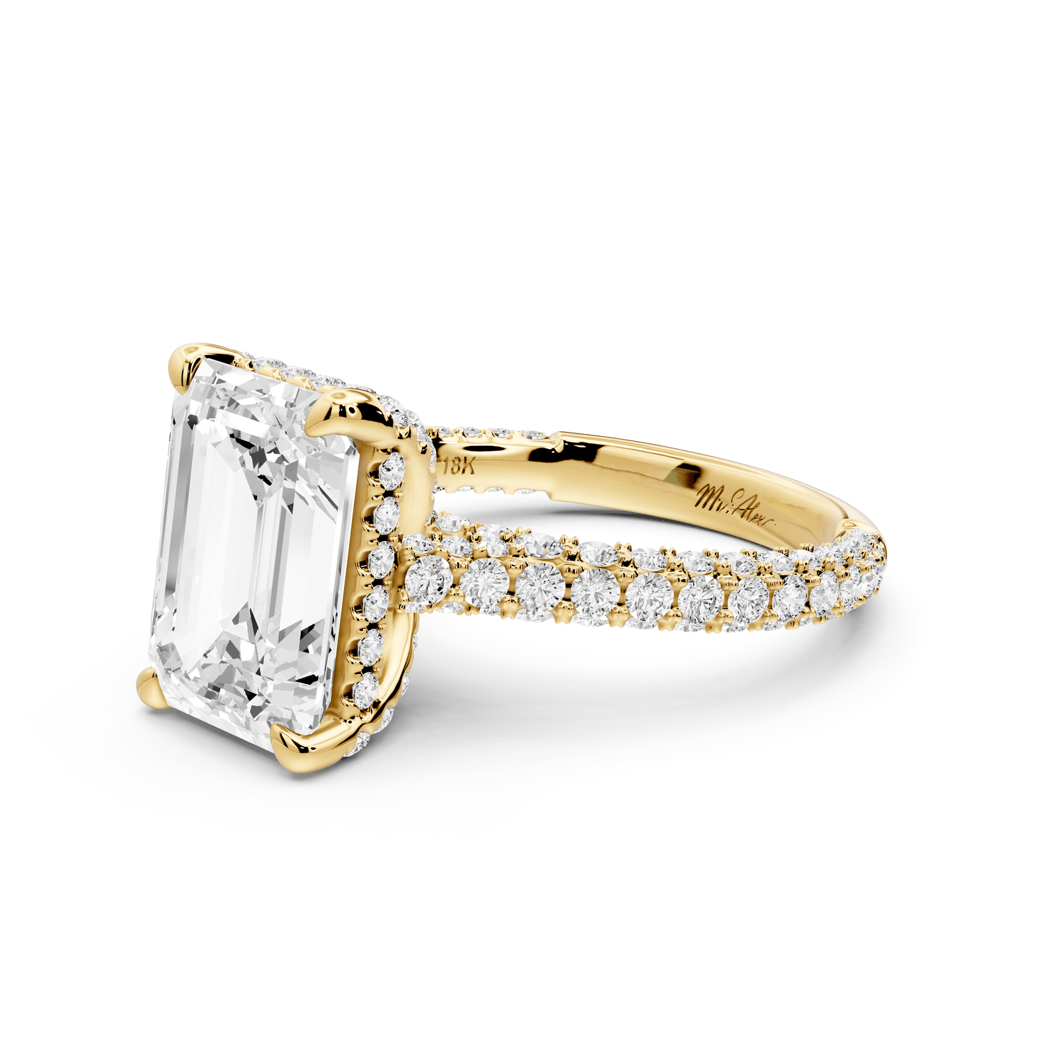Bianca - 4ct 18k yellow gold emerald Diamond hidden halo with a diamond crown and bridge rollover pave cathedral Engagement ring - Mr. Alex Jewelry