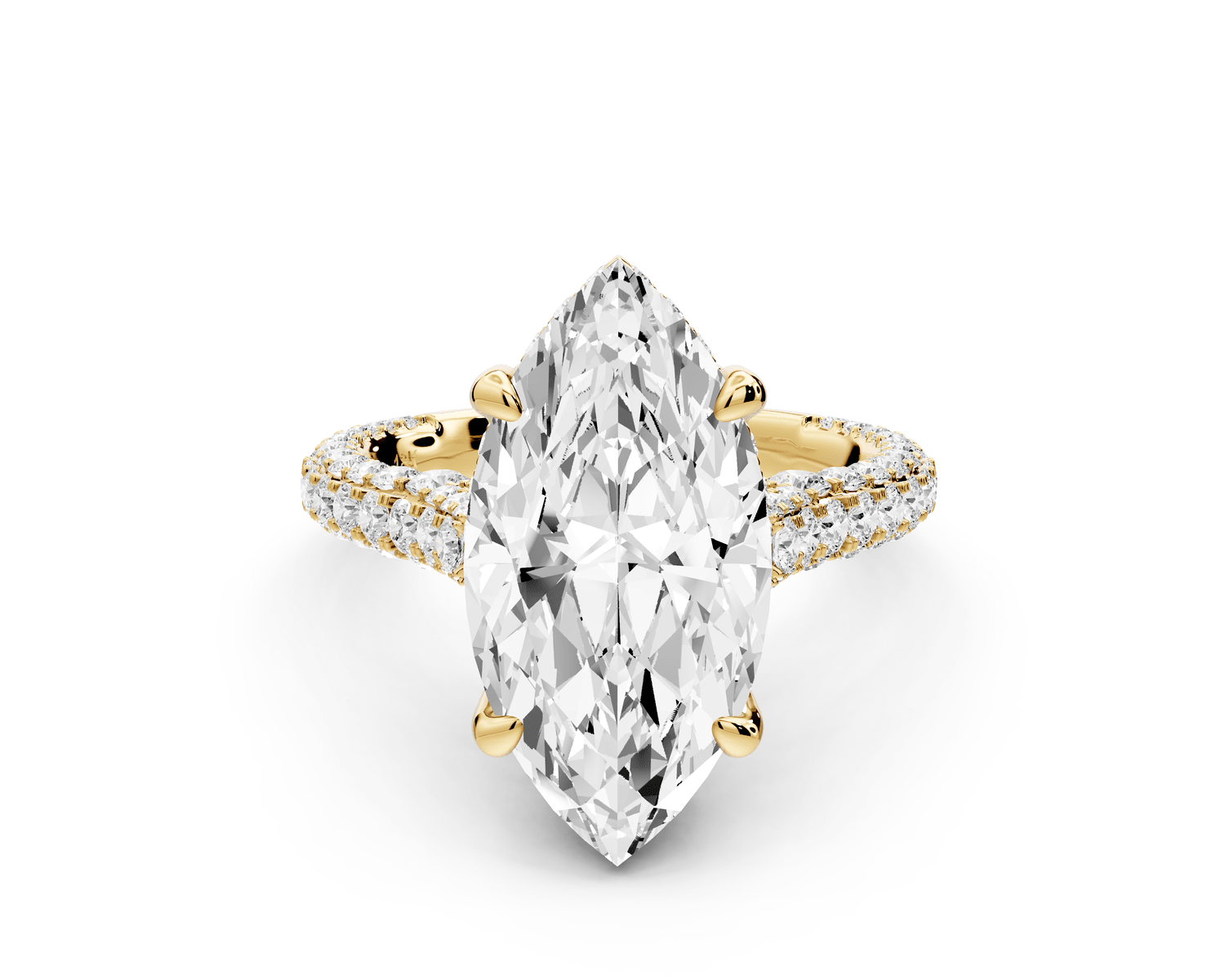 Bianca - 4ct 18k yellow gold marquise Diamond hidden halo with a diamond crown and bridge rollover pave cathedral engagement ring - Mr. Alex Jewelry