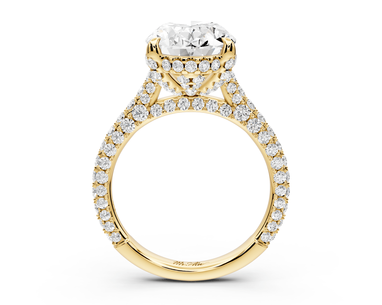 Bianca - 4ct 18k yellow gold oval Diamond hidden halo with a diamond crown and bridge rollover pave cathedral Engagement ring - Mr. Alex Jewelry