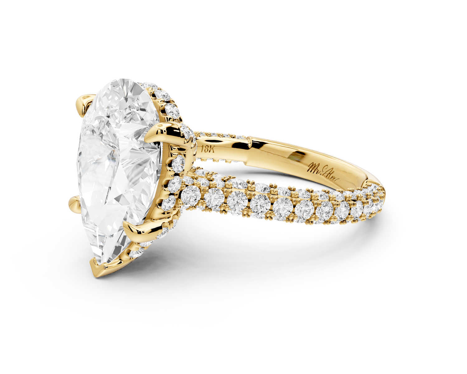 Bianca - 4ct 18k yellow gold pear Diamond hidden halo with a diamond crown and bridge rollover pave cathedral Engagement ring - Mr. Alex Jewelry