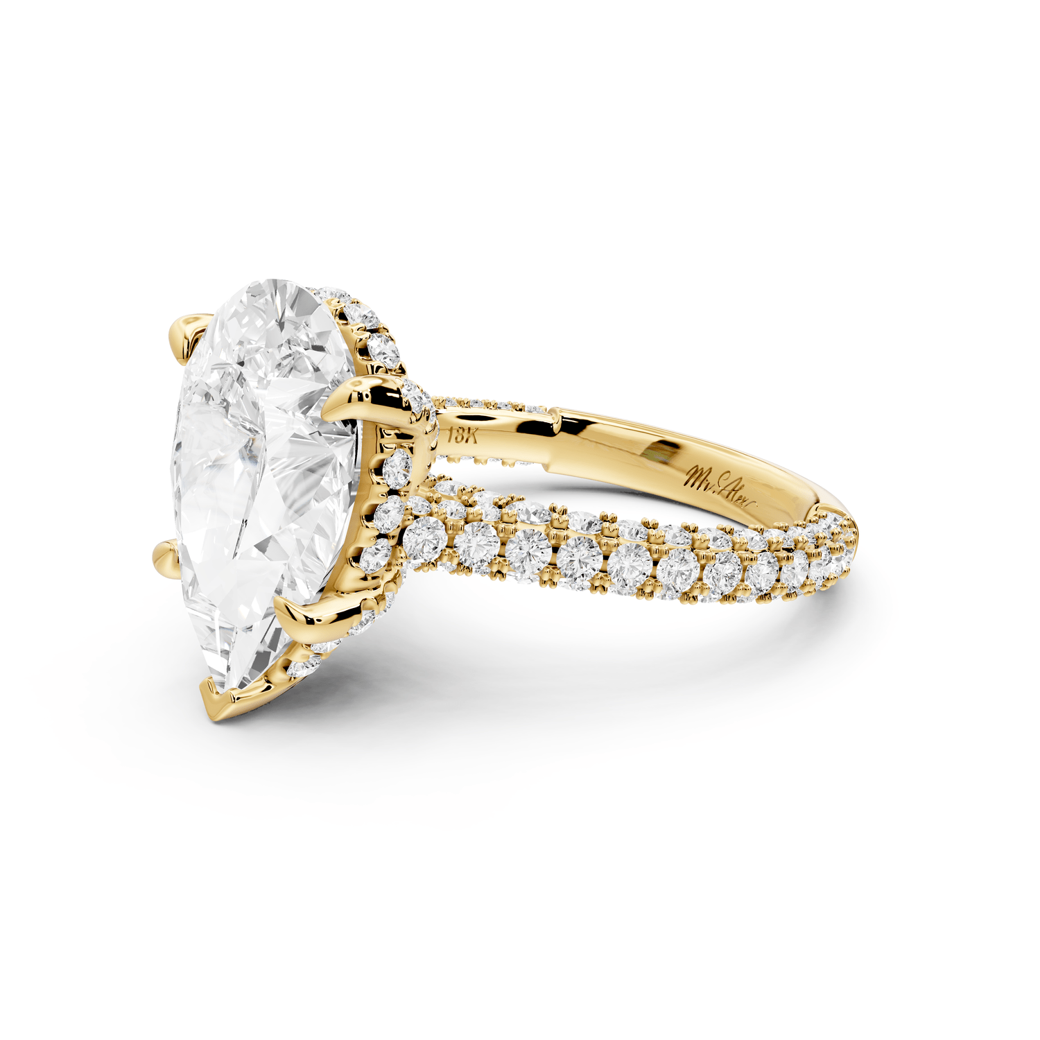Bianca - 4ct 18k yellow gold pear Diamond hidden halo with a diamond crown and bridge rollover pave cathedral Engagement ring - Mr. Alex Jewelry